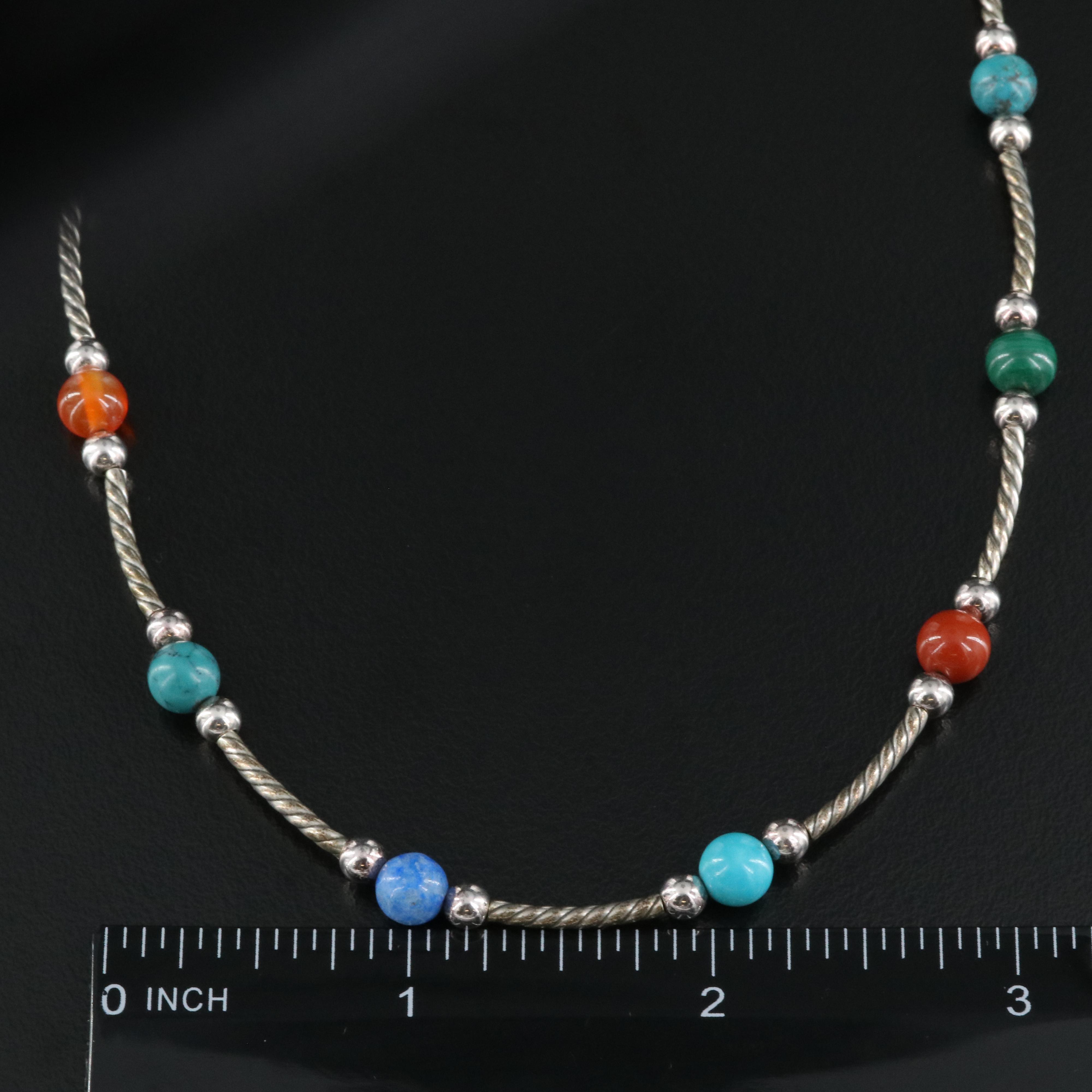 Relios Sterling Station Necklace Including Carnelian, Jasper and Malachite