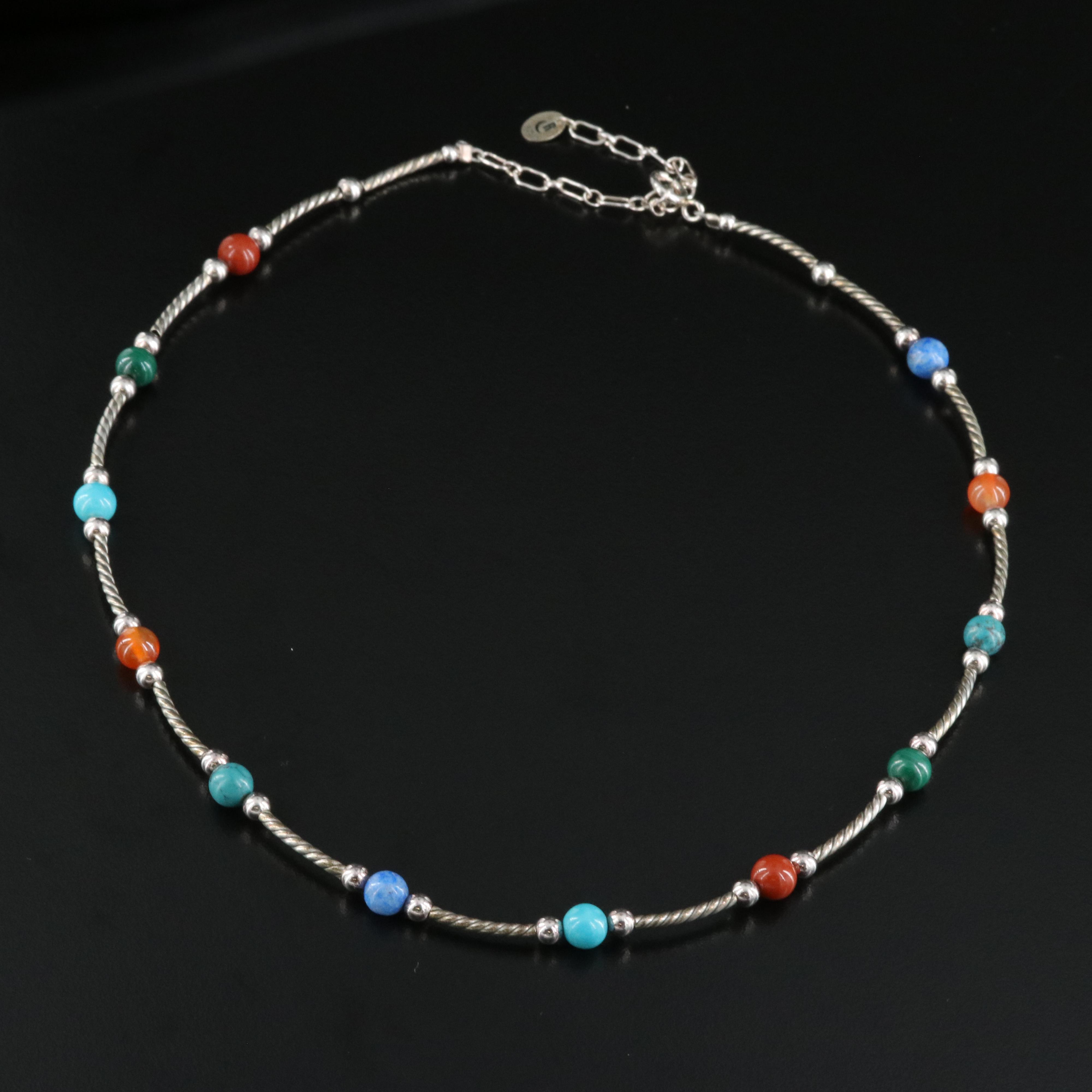 Relios Sterling Station Necklace Including Carnelian, Jasper and Malachite