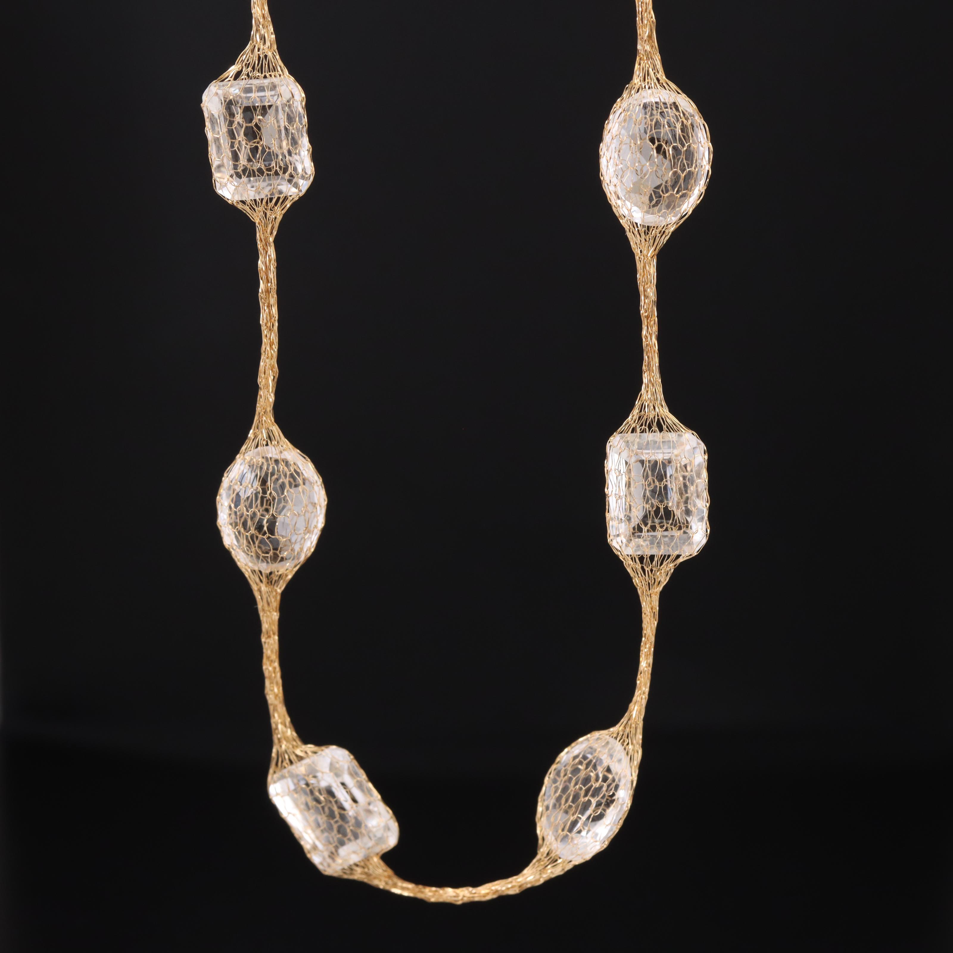 14K Rock Crystal Quartz Mesh Station Necklace