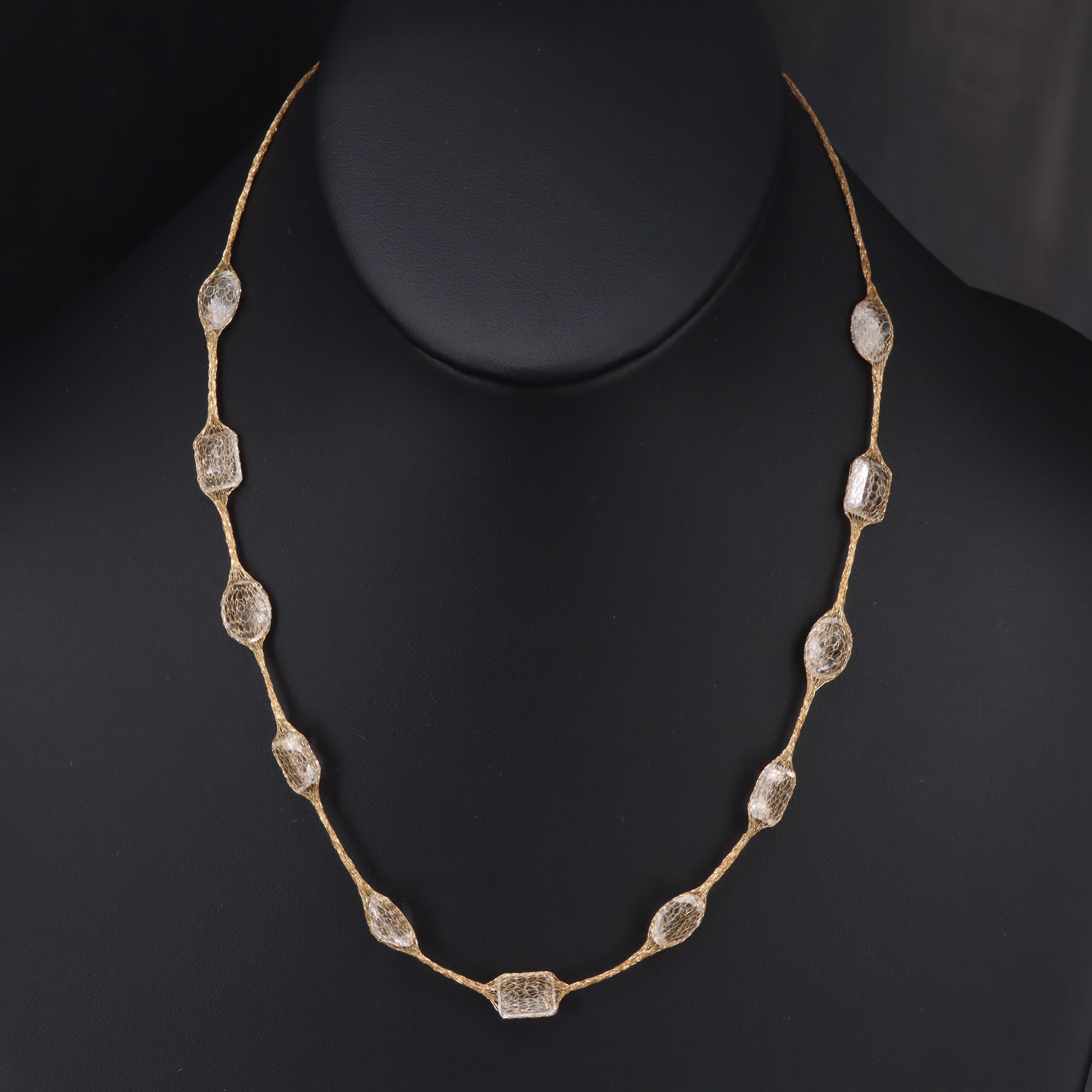 14K Rock Crystal Quartz Mesh Station Necklace