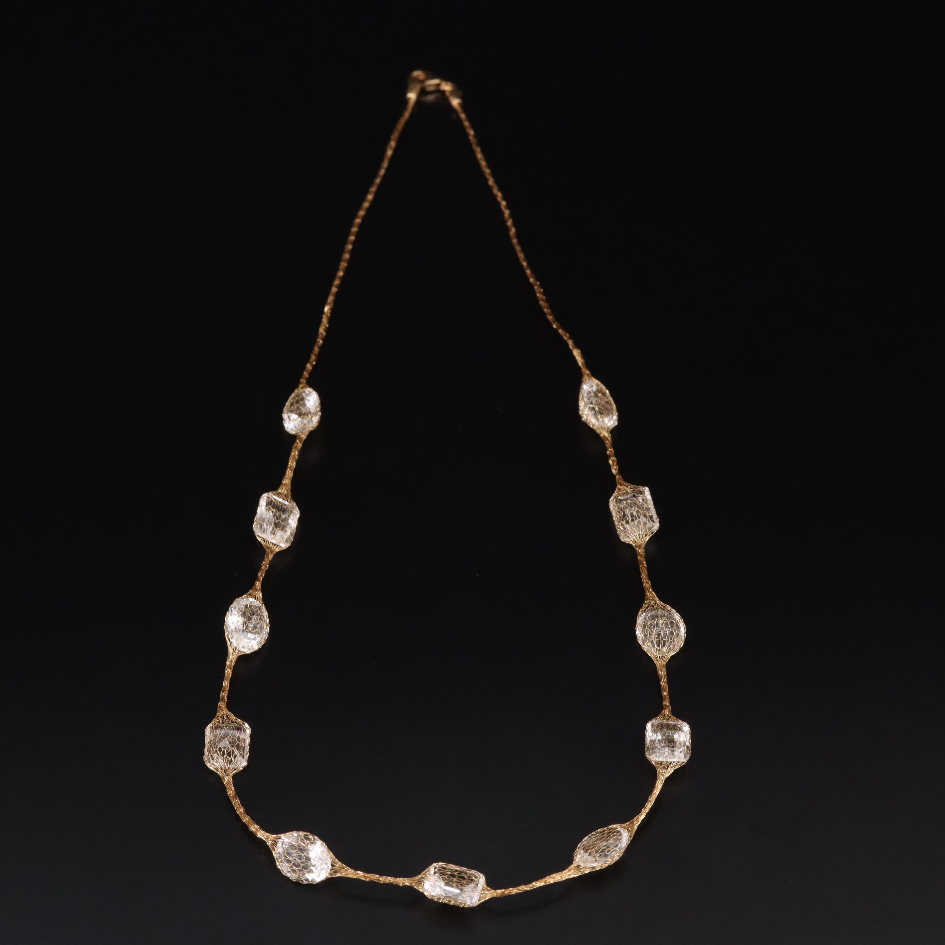 14K Rock Crystal Quartz Mesh Station Necklace