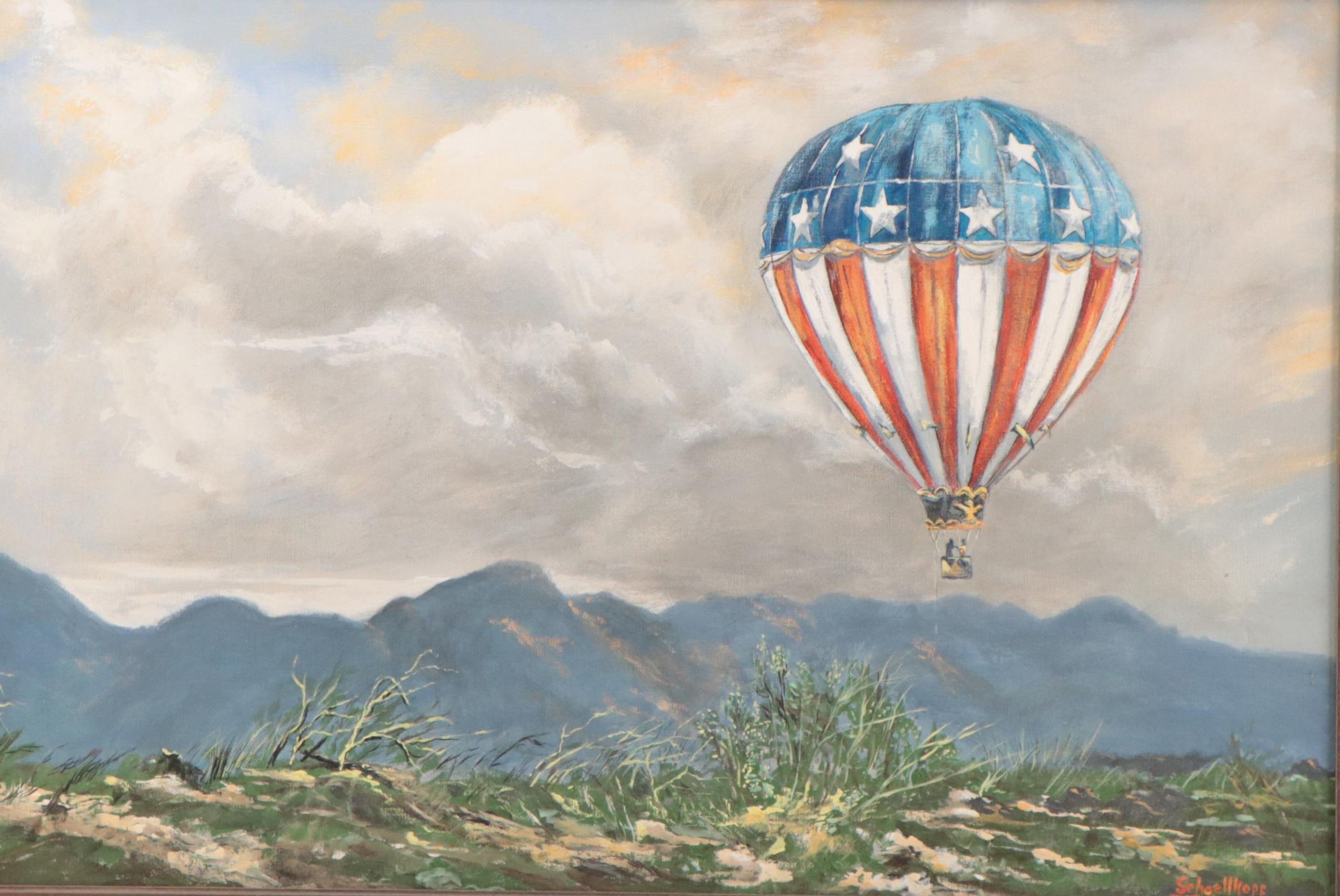 Robert Schoellkopf Mountain Landscape Oil Painting With Hot Air Balloon