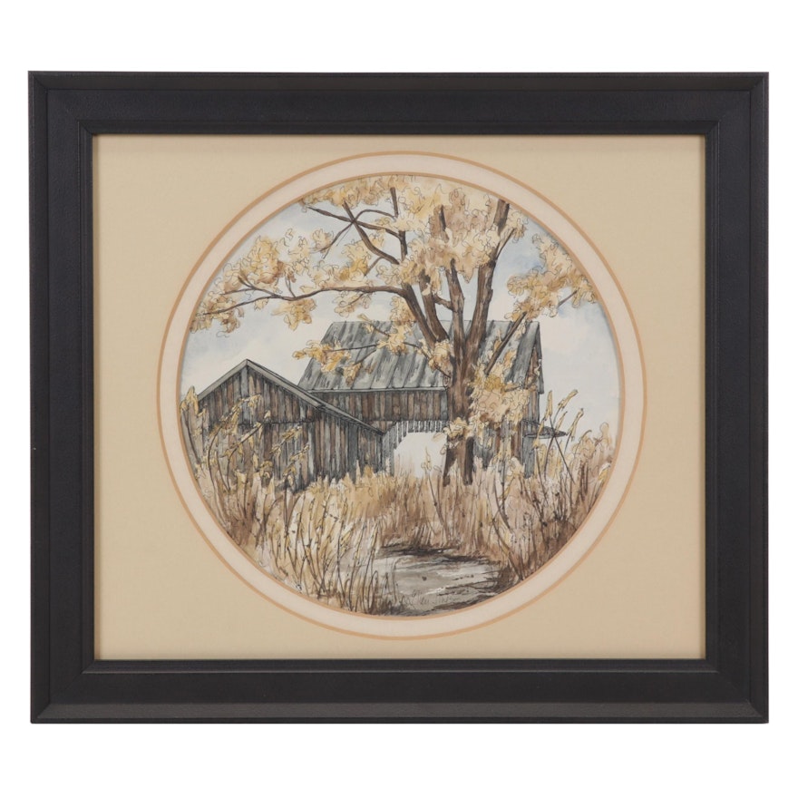 Ellen Jones Watercolor Painting of Autumn Barn Scene, Circa 1975