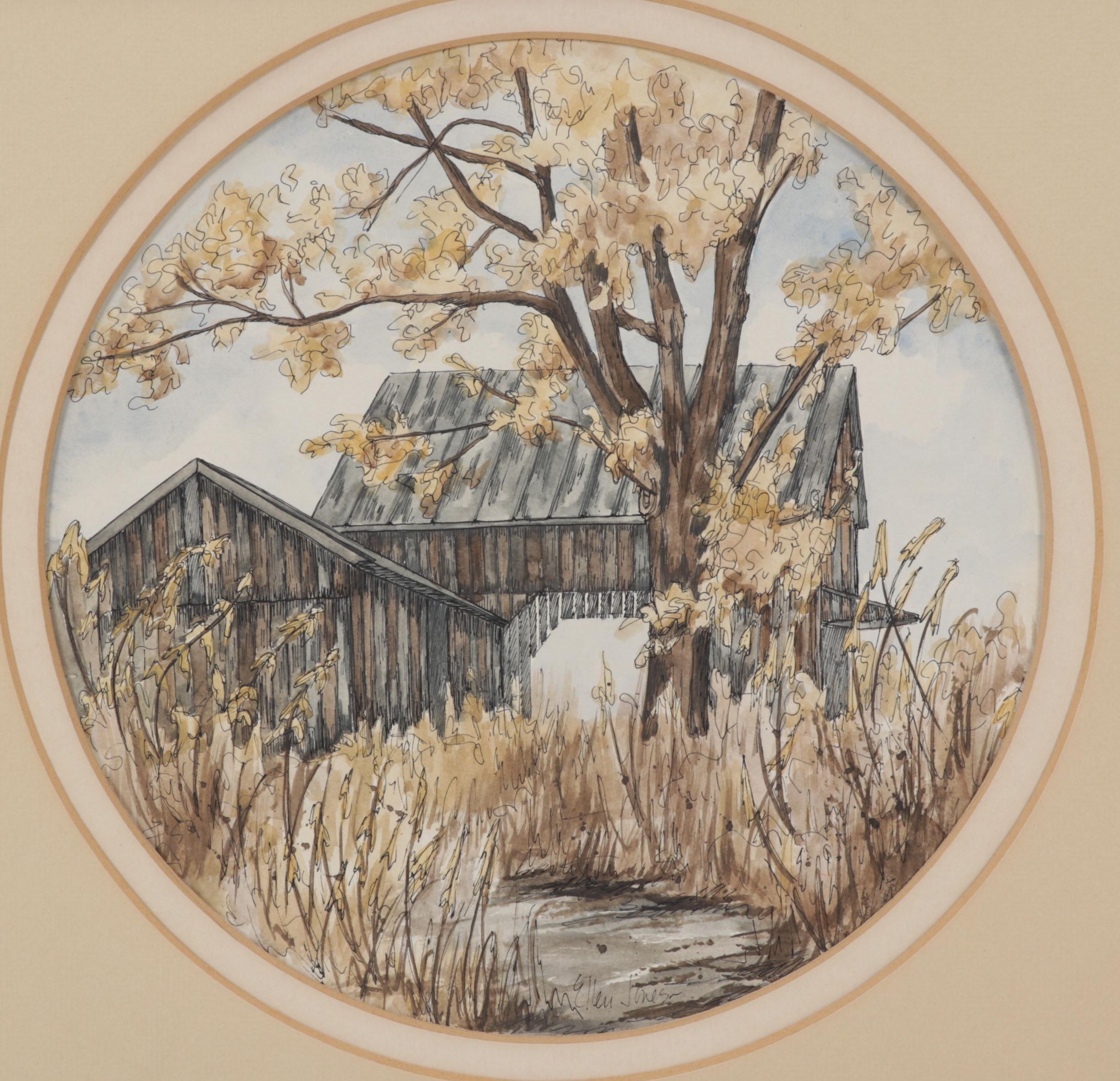 Ellen Jones Watercolor Painting of Autumn Barn Scene, Circa 1975