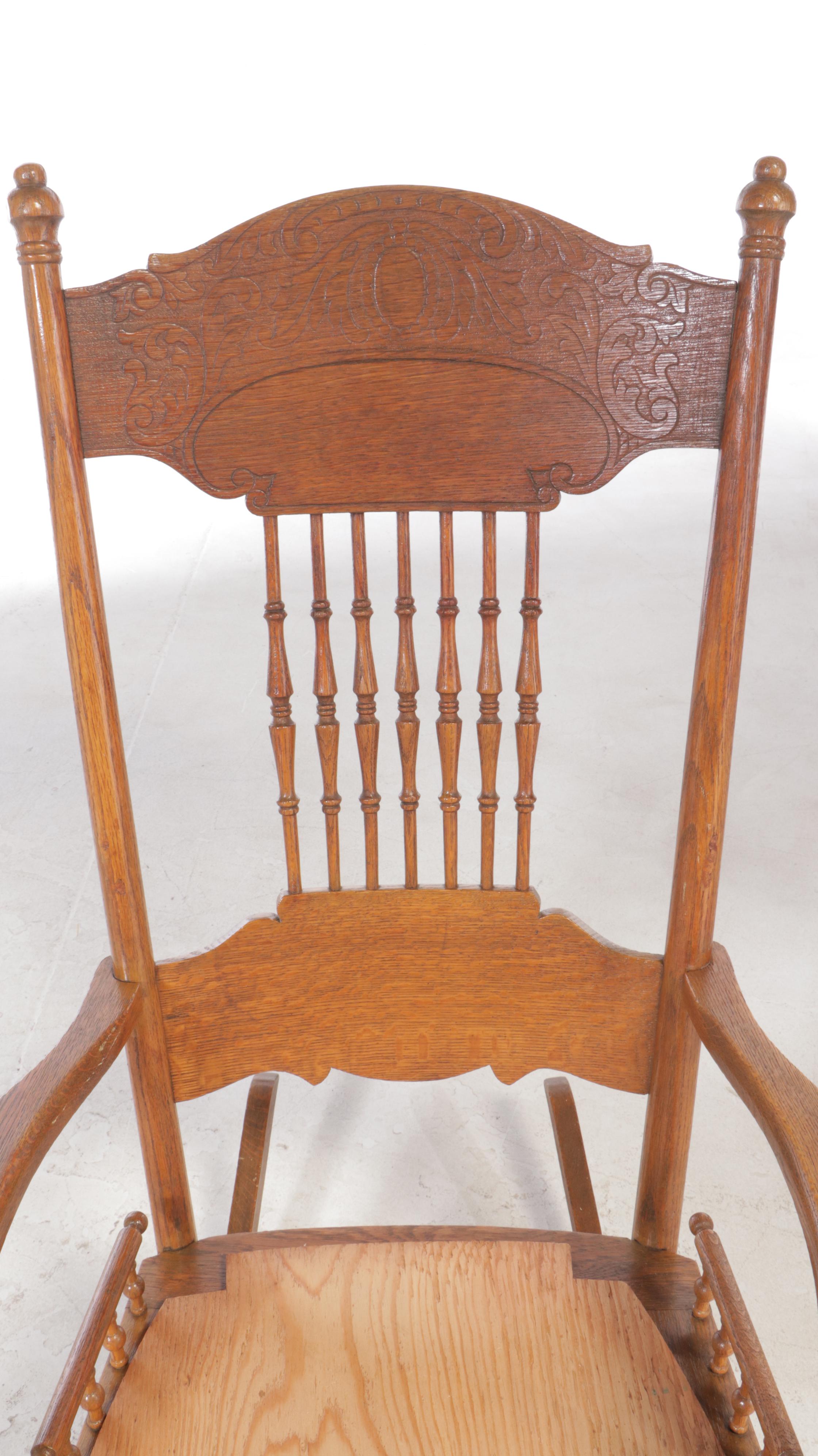 Late Victorian Oak Pressed-Back Rocker Plus Side Table, circa 1900