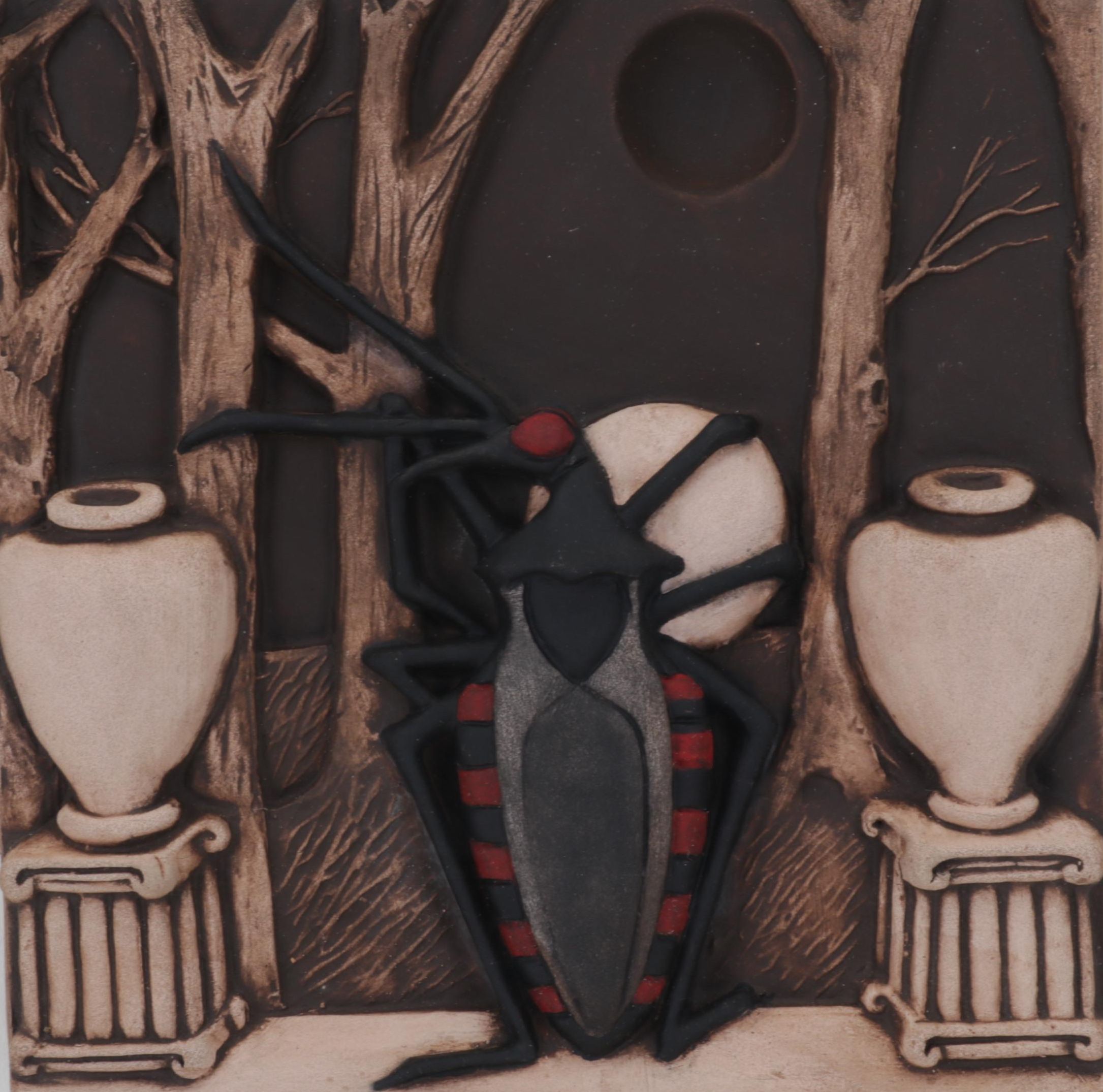 Beth Cavener Hand-Painted Ceramic Relief "The Night the Moon Went Missing," 2000