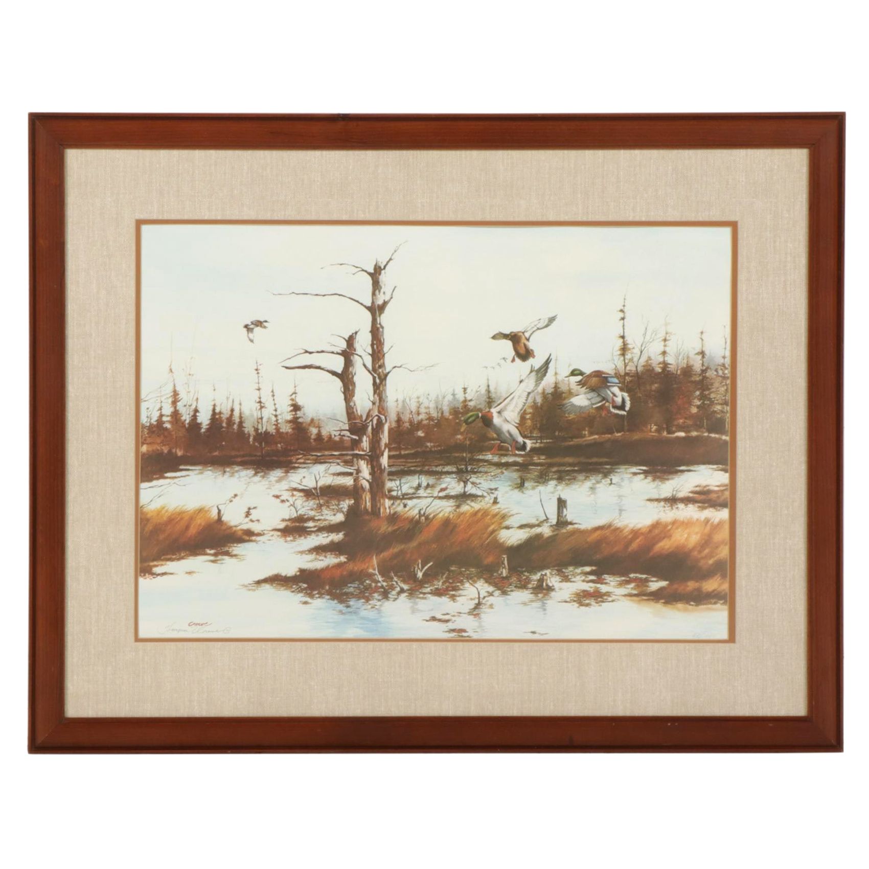 Thompson Crowe Offset Lithograph "Bear Marsh Mallards," Late 20th Century