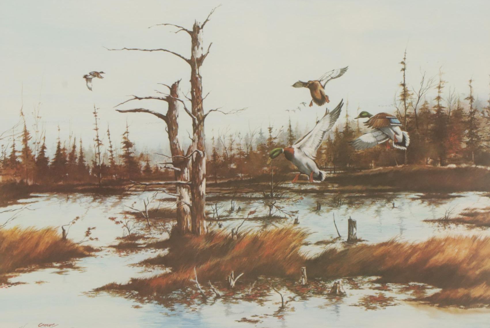Thompson Crowe Offset Lithograph "Bear Marsh Mallards," Late 20th Century