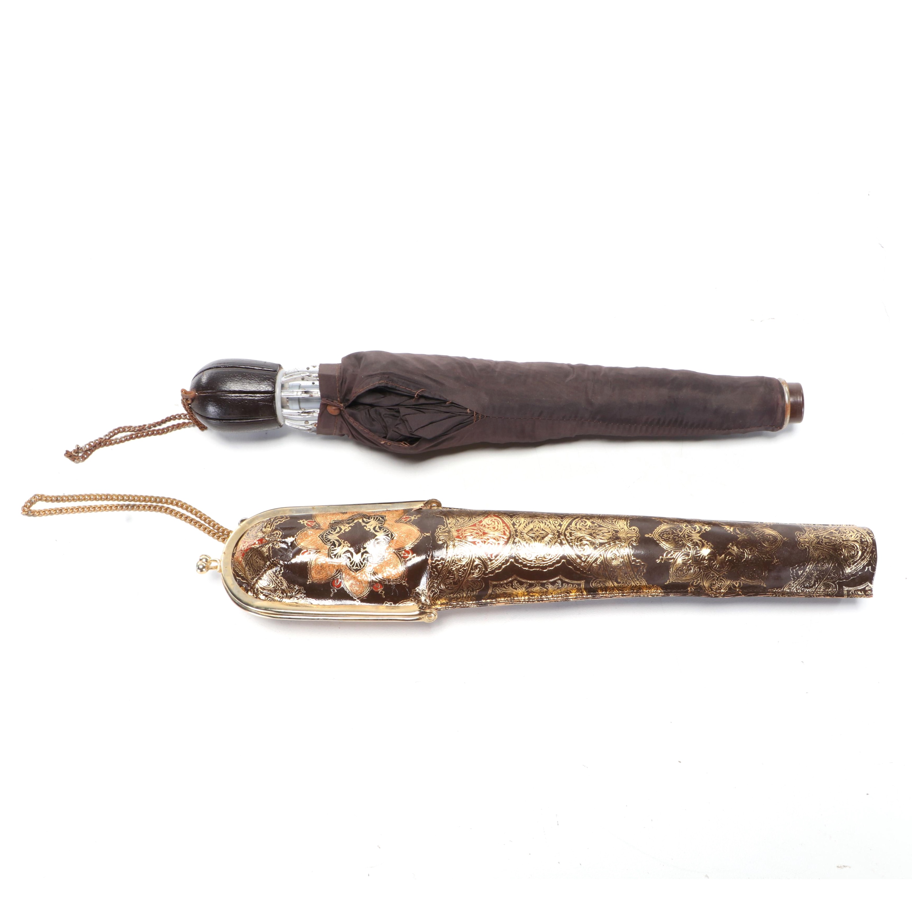 Vintage Umbrella in Embossed Leather Case with Embellished Kiss Lock Clasp