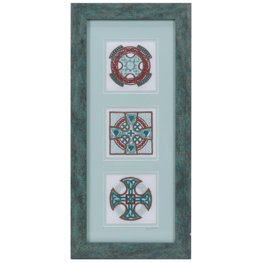 Jane Good Hand-Embroidered "Turquoise Triple Celtic Cross 2-D" Wall Hanging