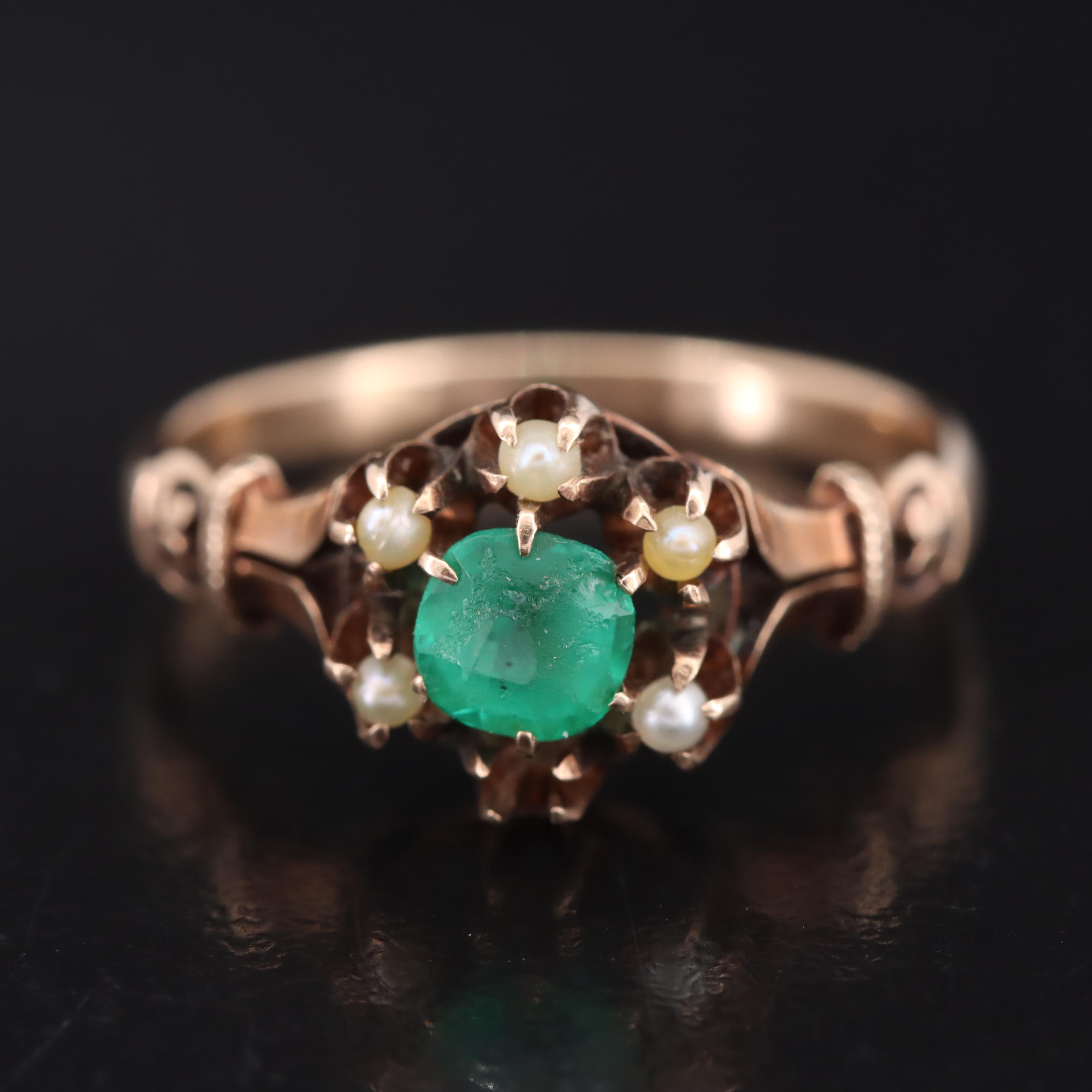 Victorian 10K Glass and Seed Pearl Ring