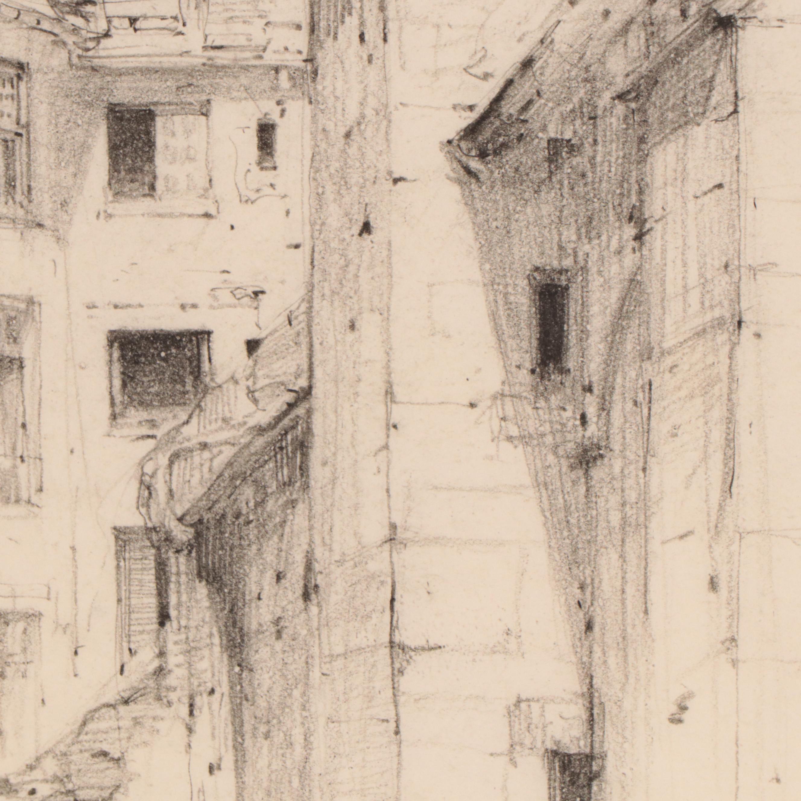 Henry Trier Graphite Drawing of European Buildings, Circa 1945