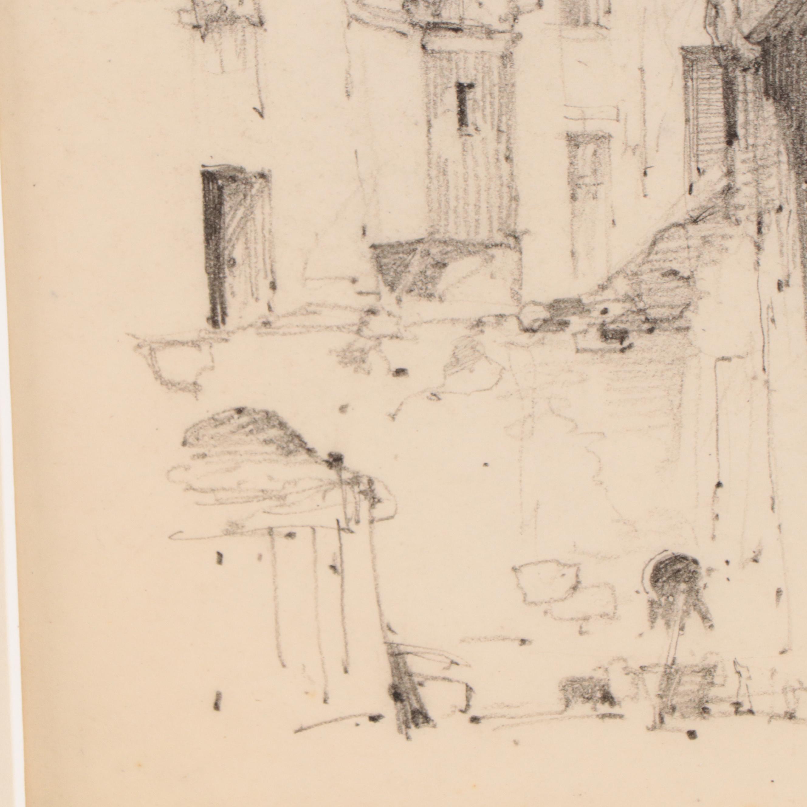 Henry Trier Graphite Drawing of European Buildings, Circa 1945