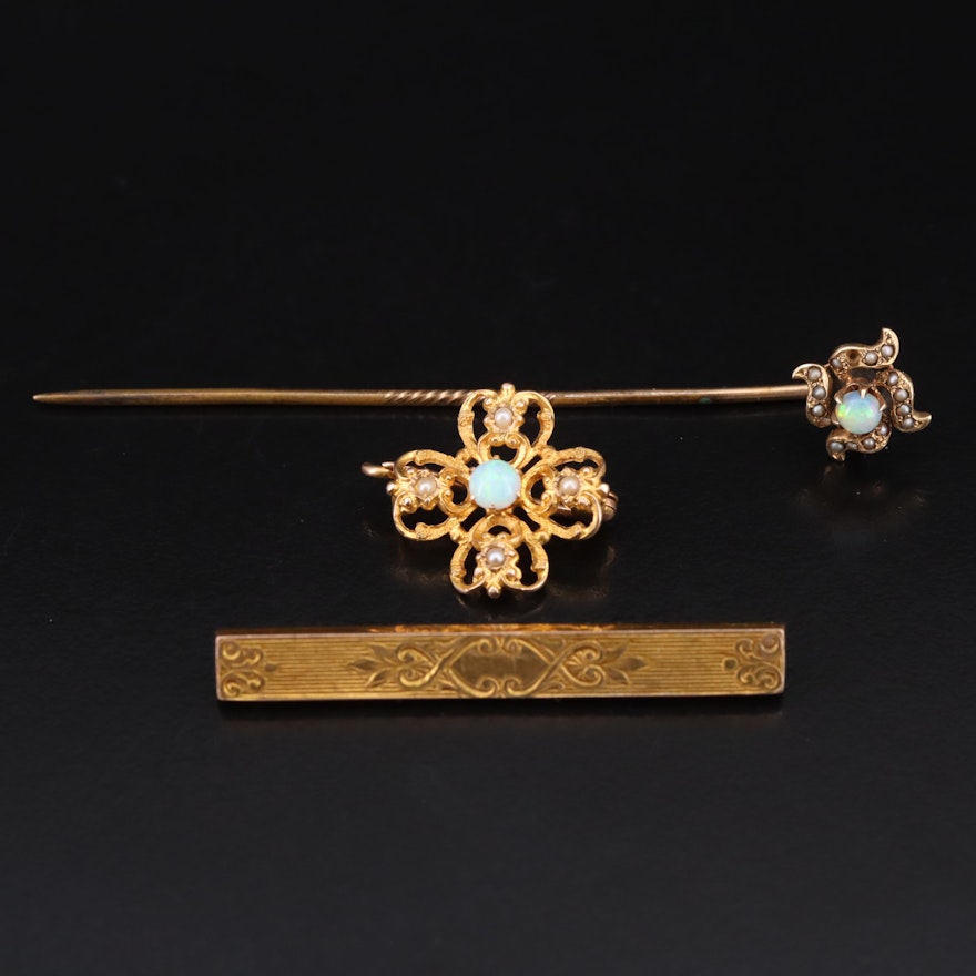 10K Opal and Seed Pearl Pins and Bar Brooch