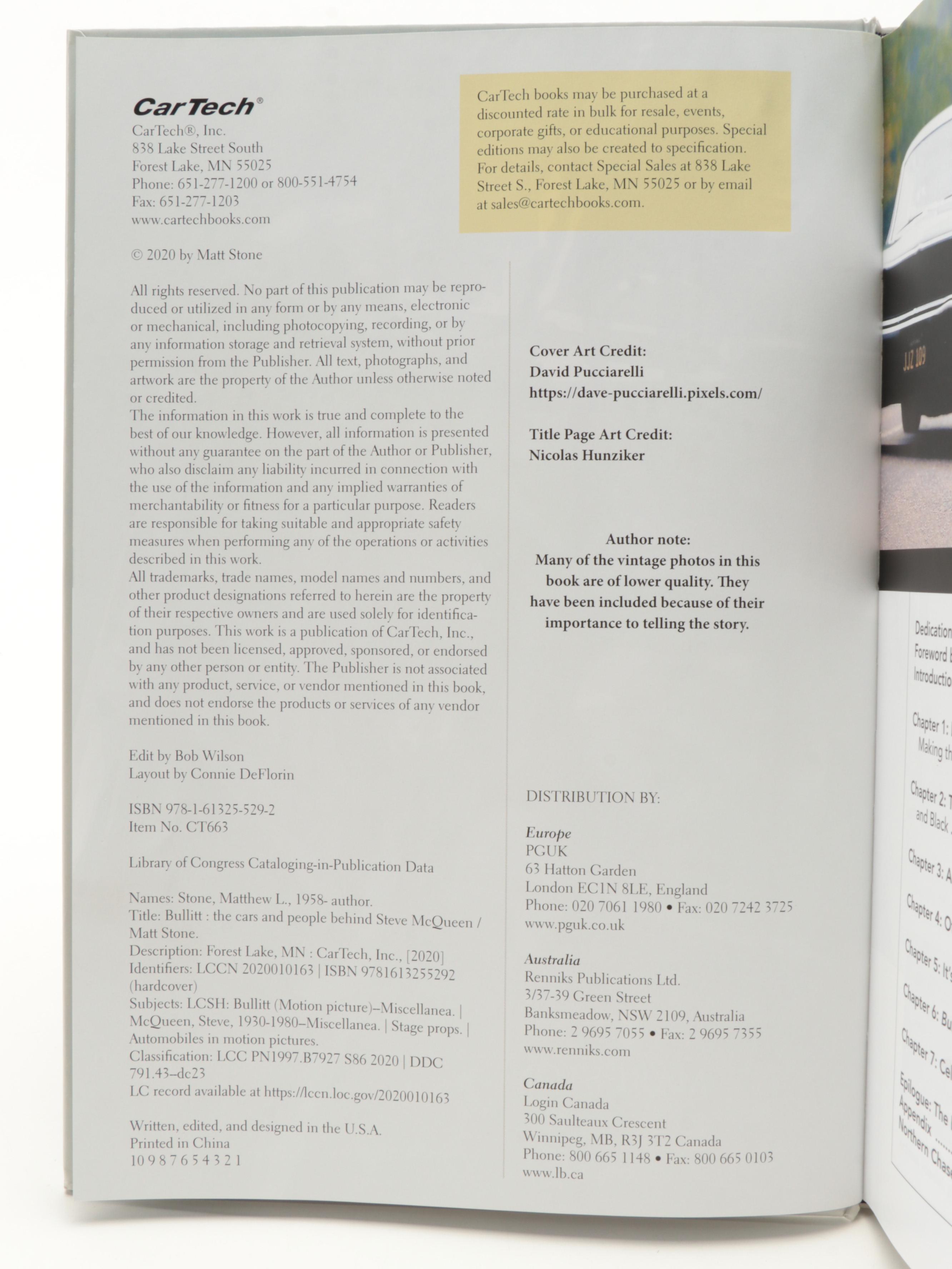 First Edition "Bullitt: The Cars Behind Steve McQueen" by Matt Stone, 2020