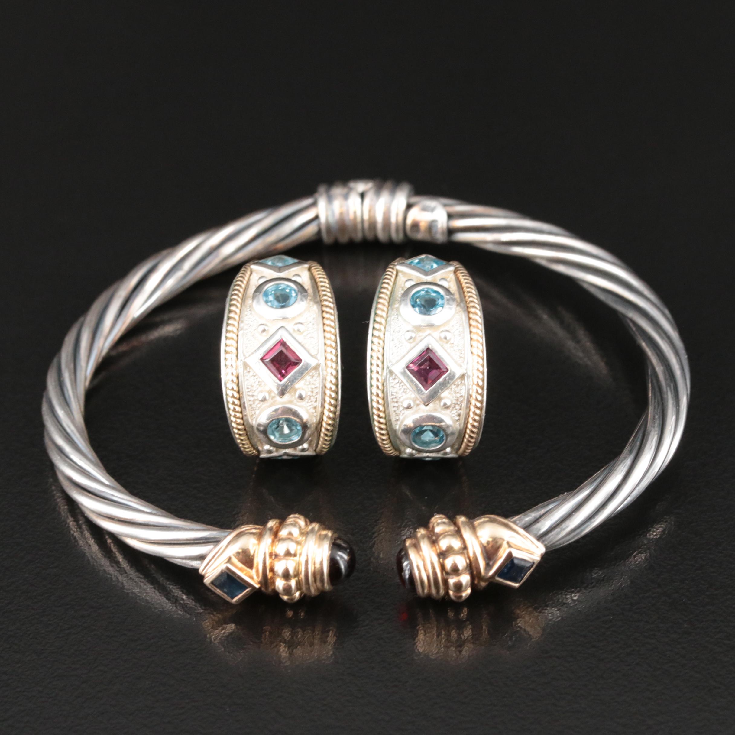 Sterling Sky Blue Topaz and Garnet Hinged Cuff and J Hoop Earrings