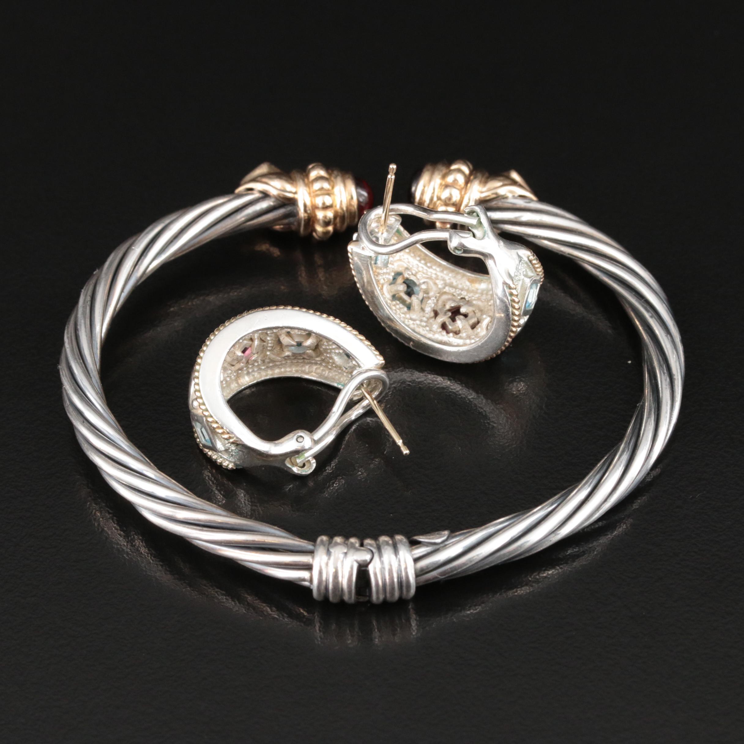 Sterling Sky Blue Topaz and Garnet Hinged Cuff and J Hoop Earrings