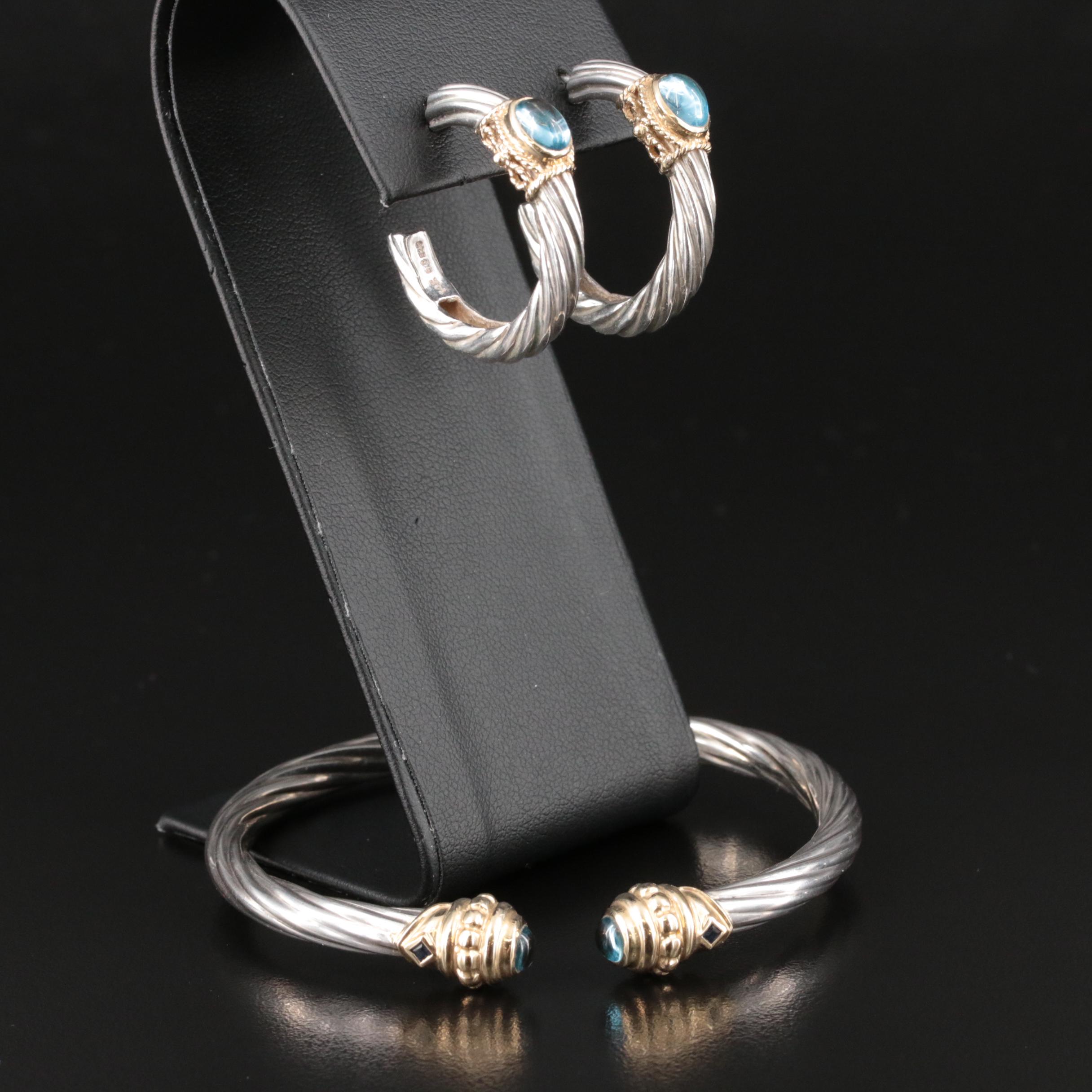 Sterling Sky Blue Topaz Hinged Cuff and Earrings with 14K Accents