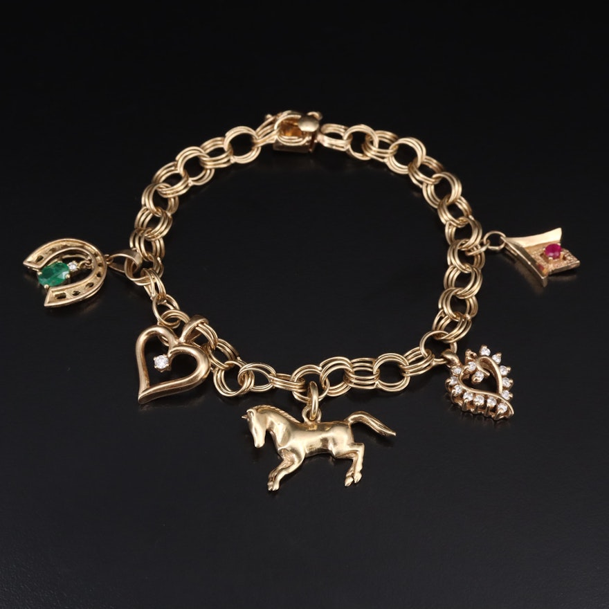 14K Charm Bracelet with Emerald, Ruby and Diamonds