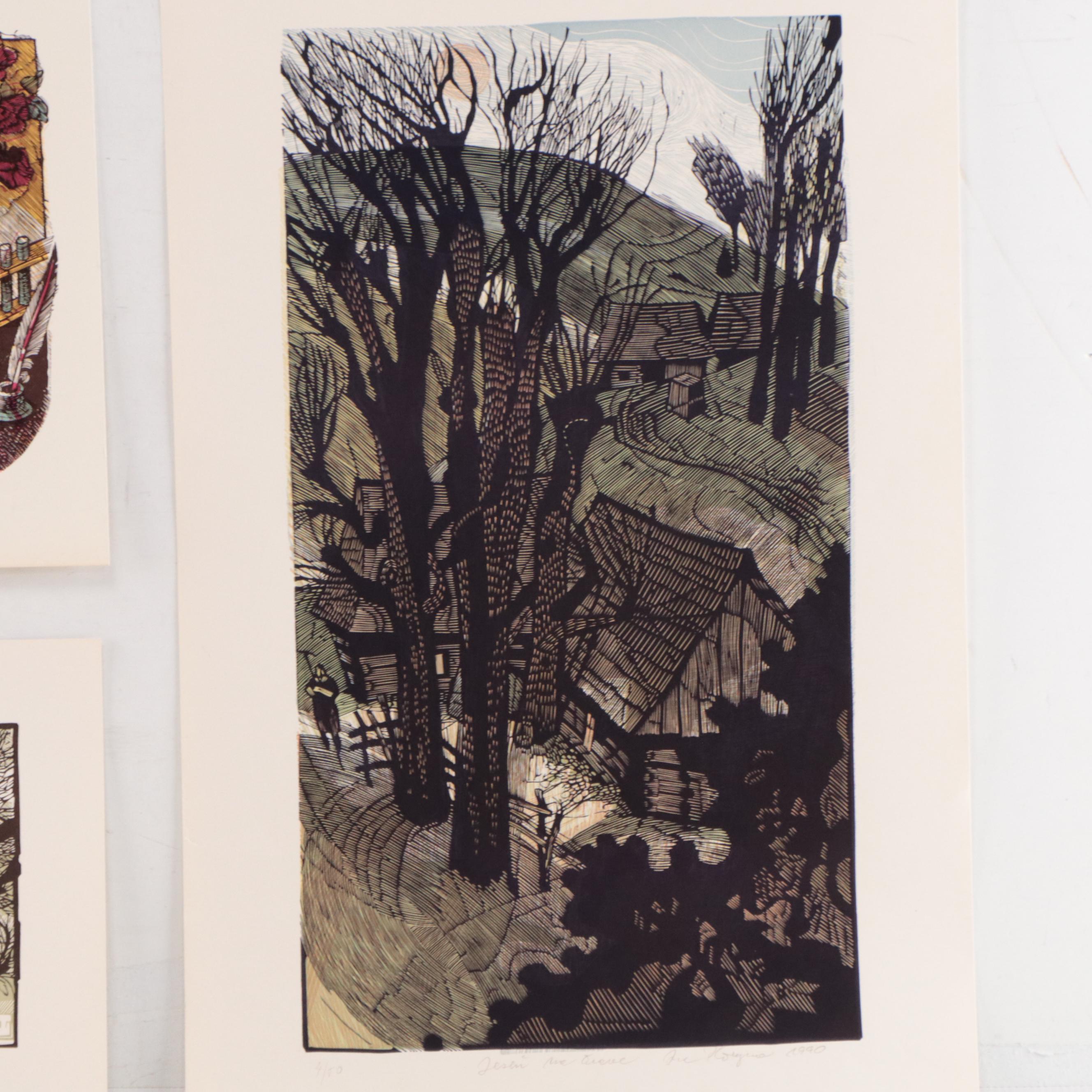 Ivan Horyna Linoleum Cuts of Landscapes and Still Lives, Circa 1990
