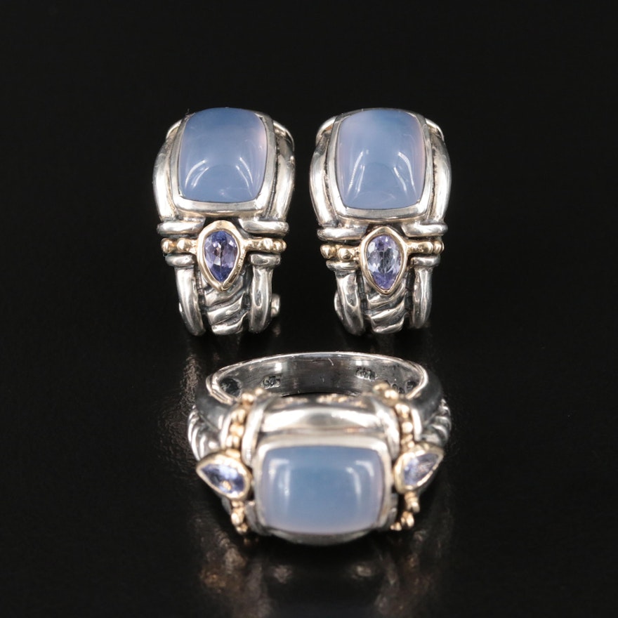 Samuel Benham Sterling Chalcedony and Tanzanite Earrings and Ring