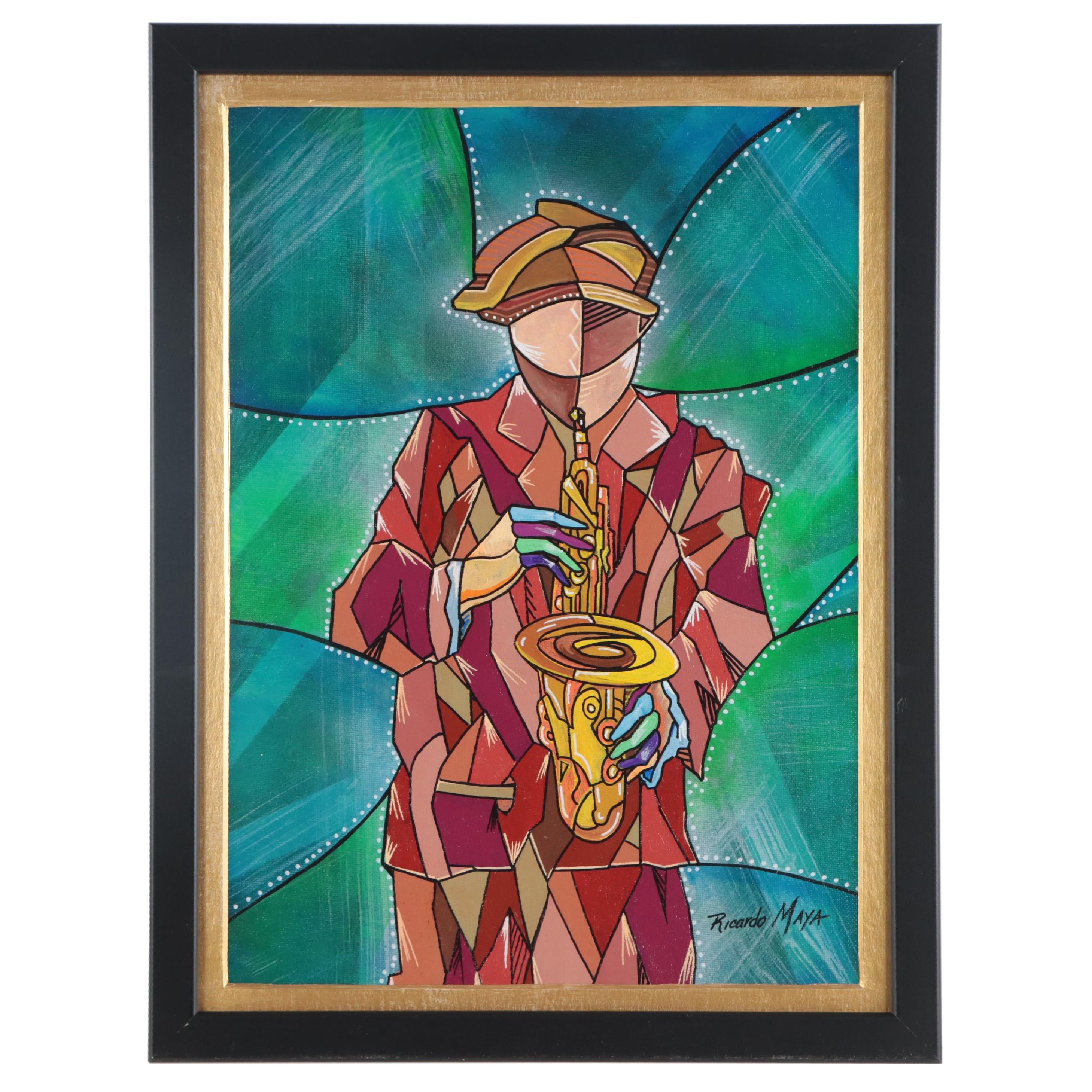 Ricardo Maya Acrylic Painting of Saxophonist, 21st Century