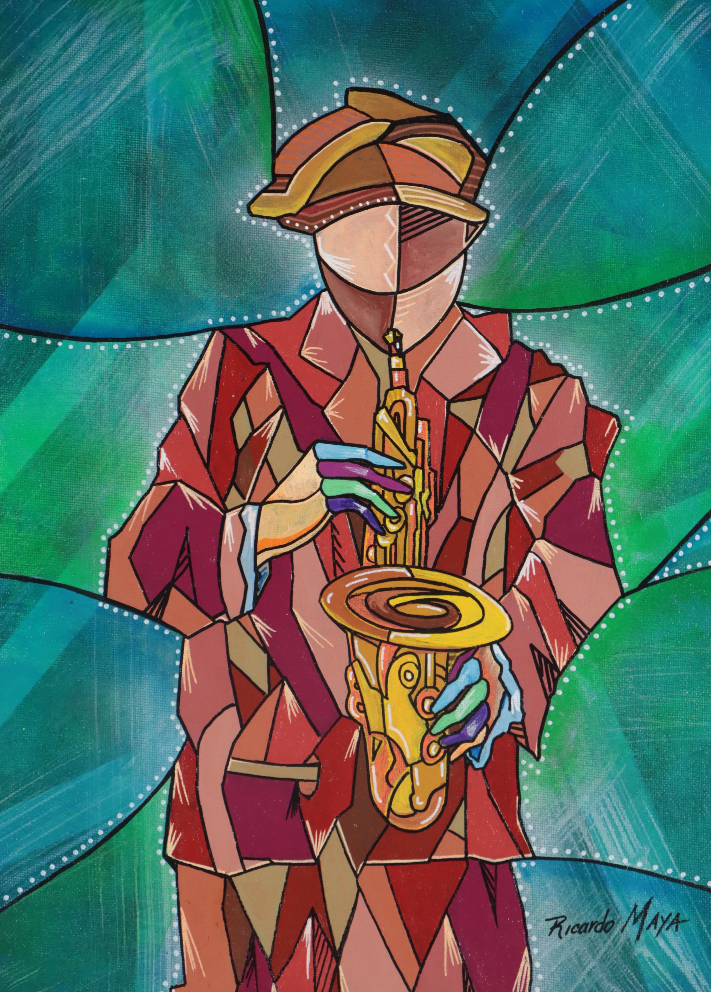 Ricardo Maya Acrylic Painting of Saxophonist, 21st Century