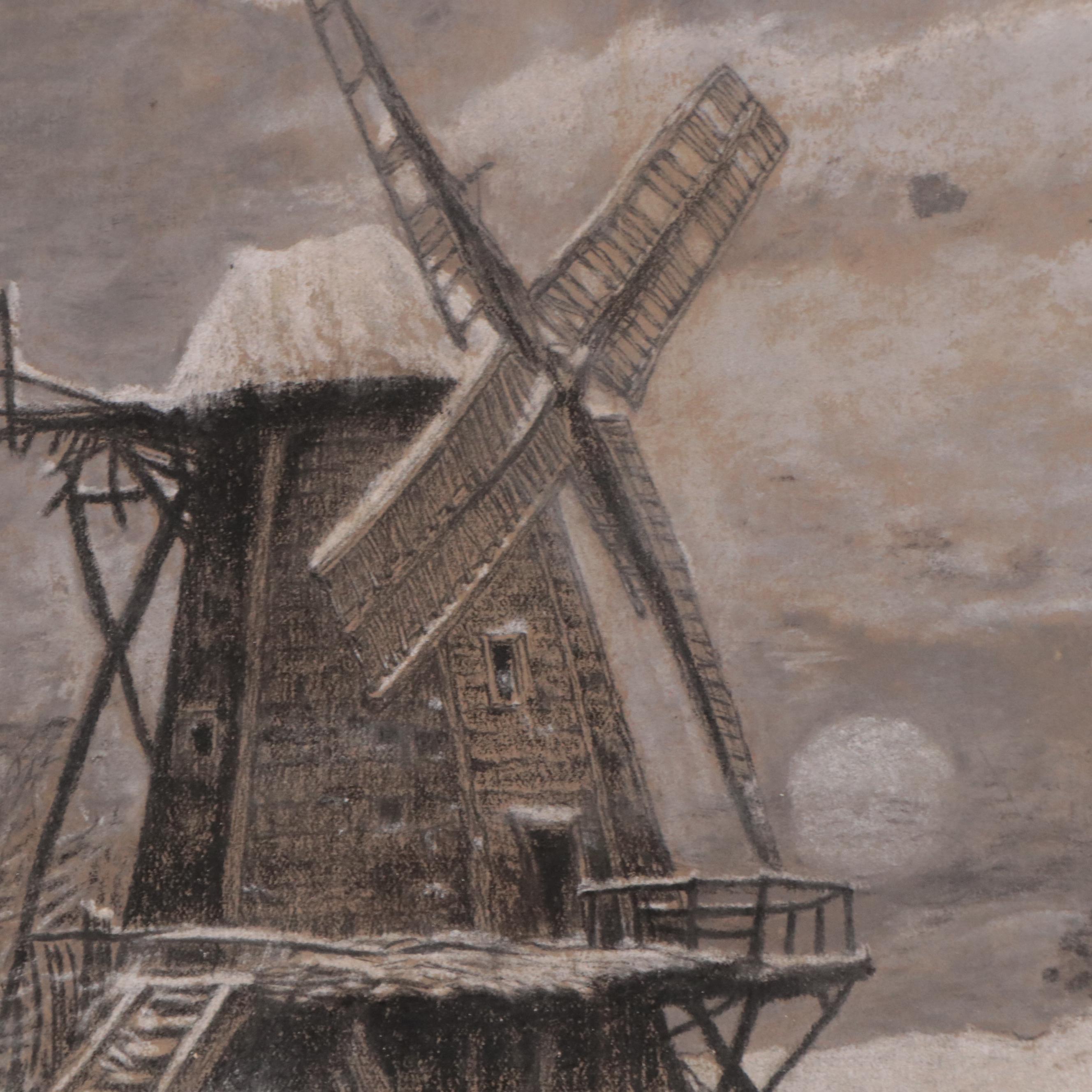 Winter Landscape Charcoal Drawing of Windmill, Early 20th Century