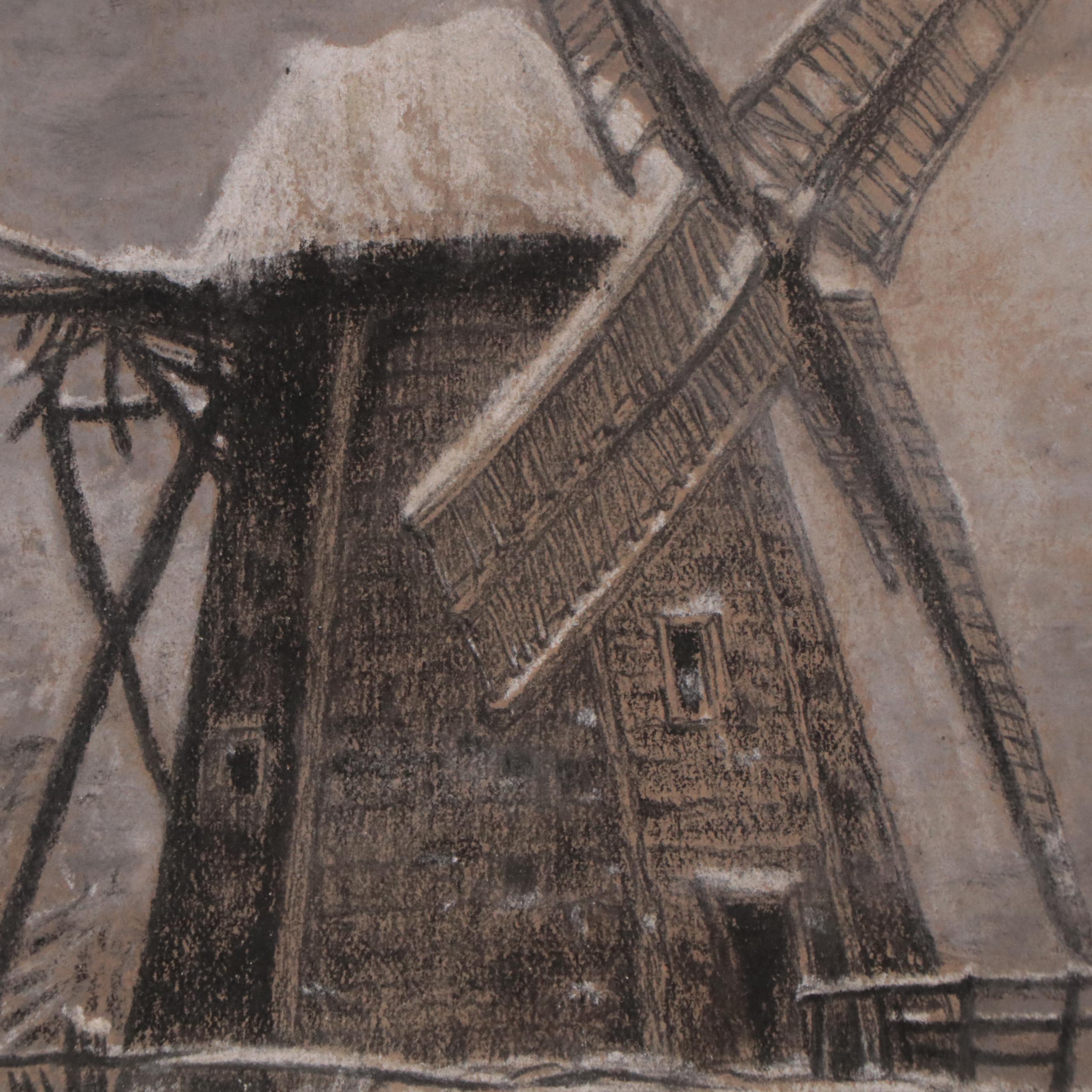 Winter Landscape Charcoal Drawing of Windmill, Early 20th Century
