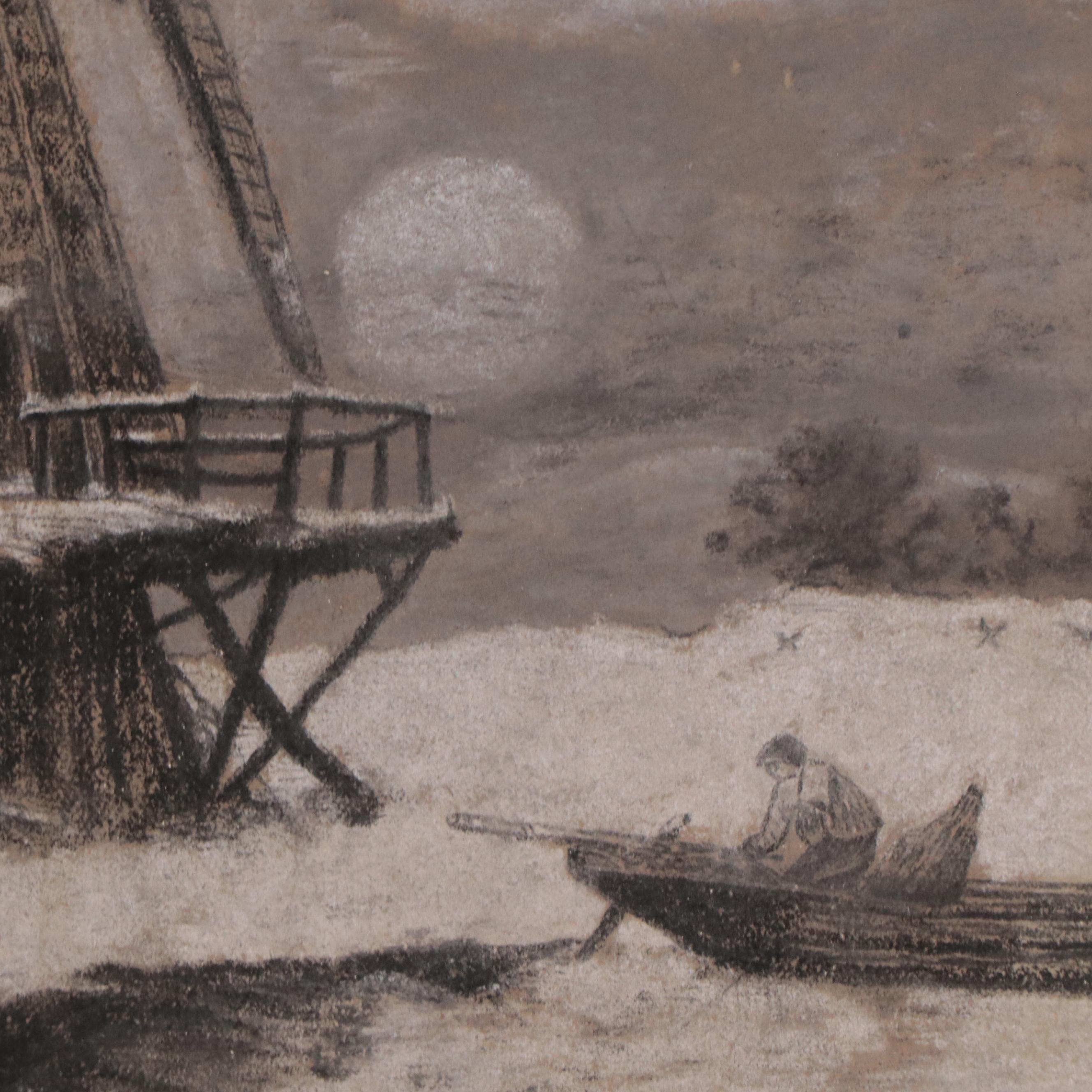 Winter Landscape Charcoal Drawing of Windmill, Early 20th Century