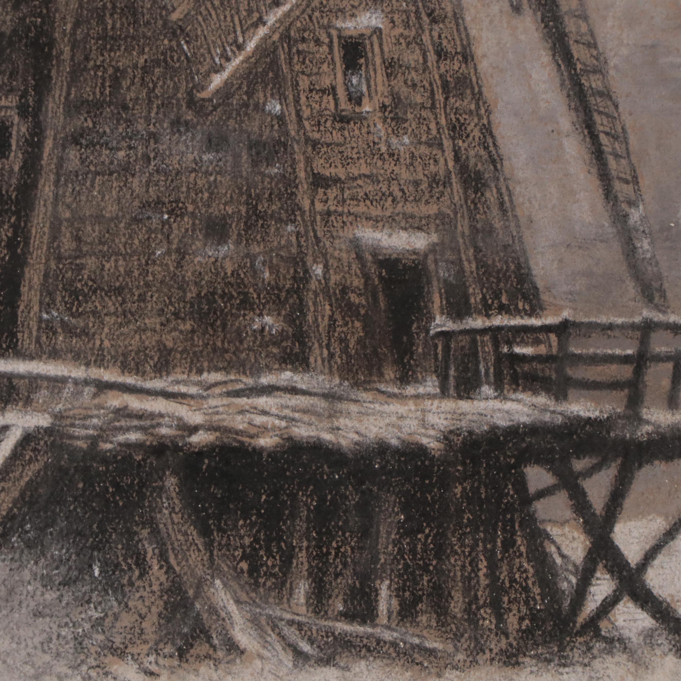 Winter Landscape Charcoal Drawing of Windmill, Early 20th Century