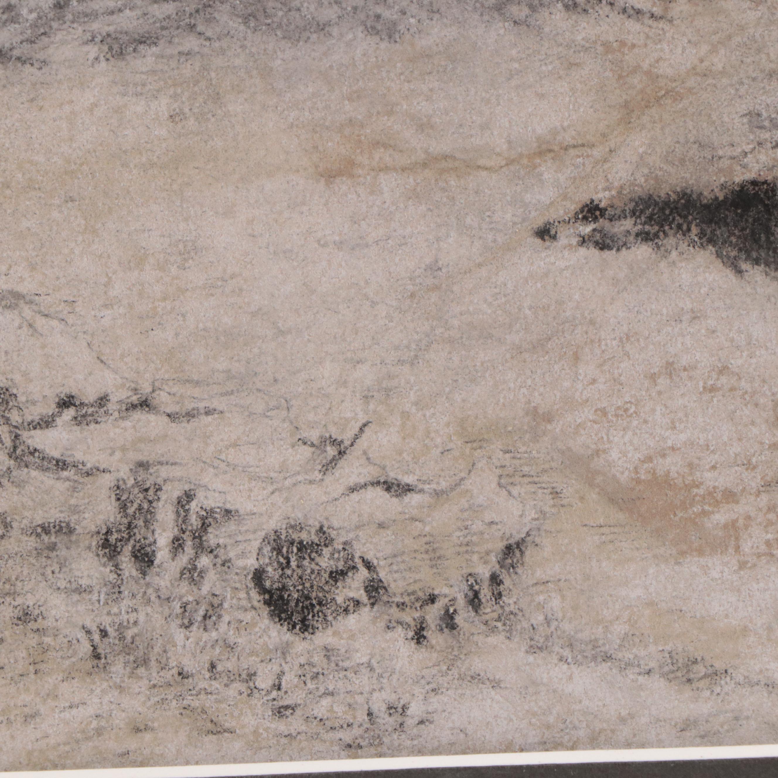 Winter Landscape Charcoal Drawing of Windmill, Early 20th Century