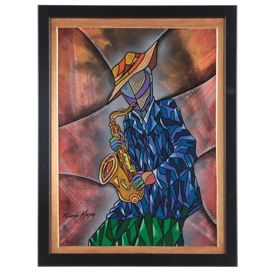 Ricardo Maya Acrylic Painting of Saxophonist, 21st Century