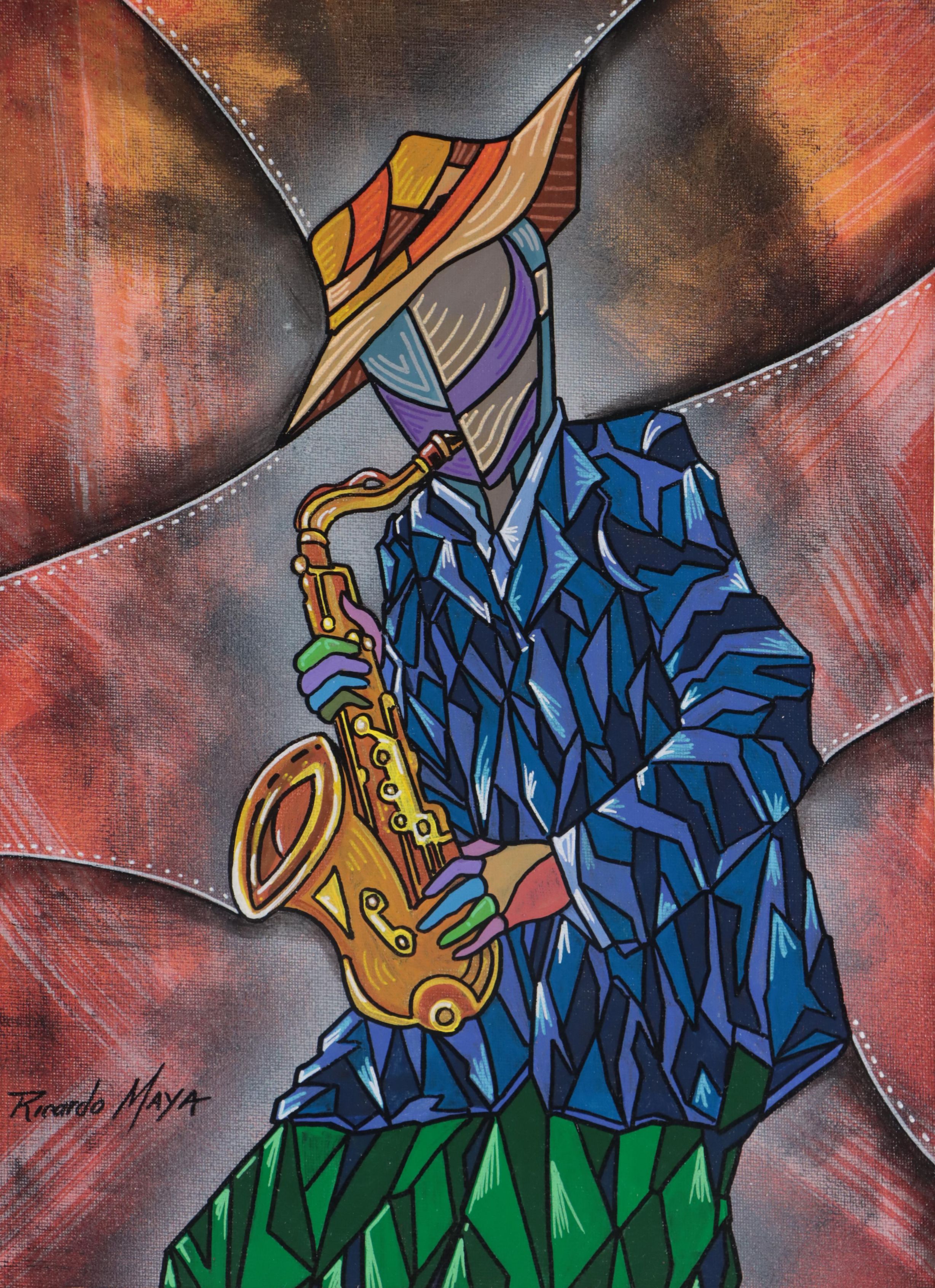Ricardo Maya Acrylic Painting of Saxophonist, 21st Century