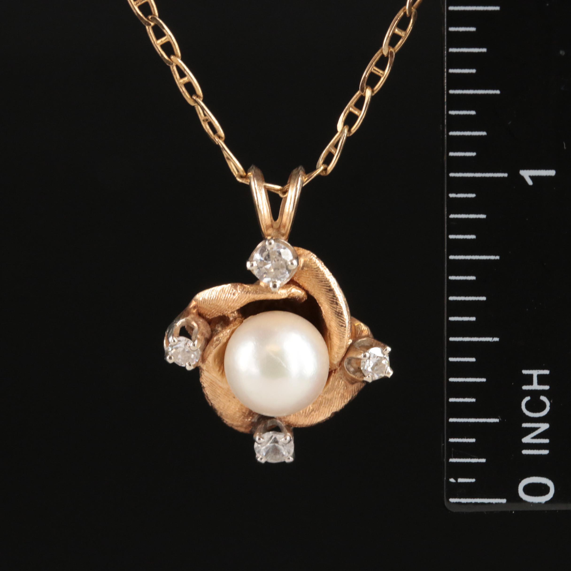 Vintage 14K Pearl and Diamond Knot Pendant Necklace