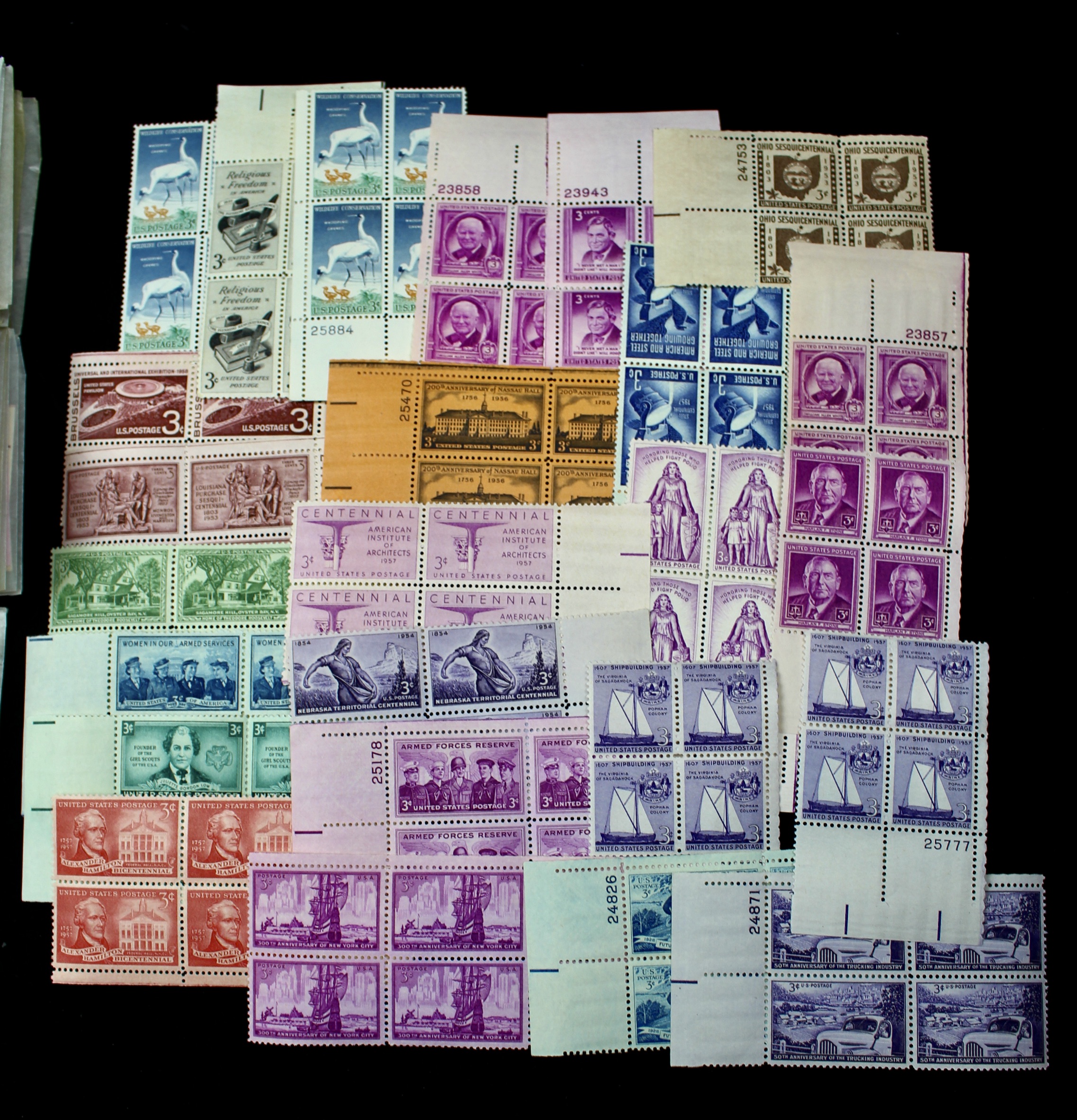 1,125 U.S. 3-Cent Postage Stamp Plate Blocks, 1940s–1950s