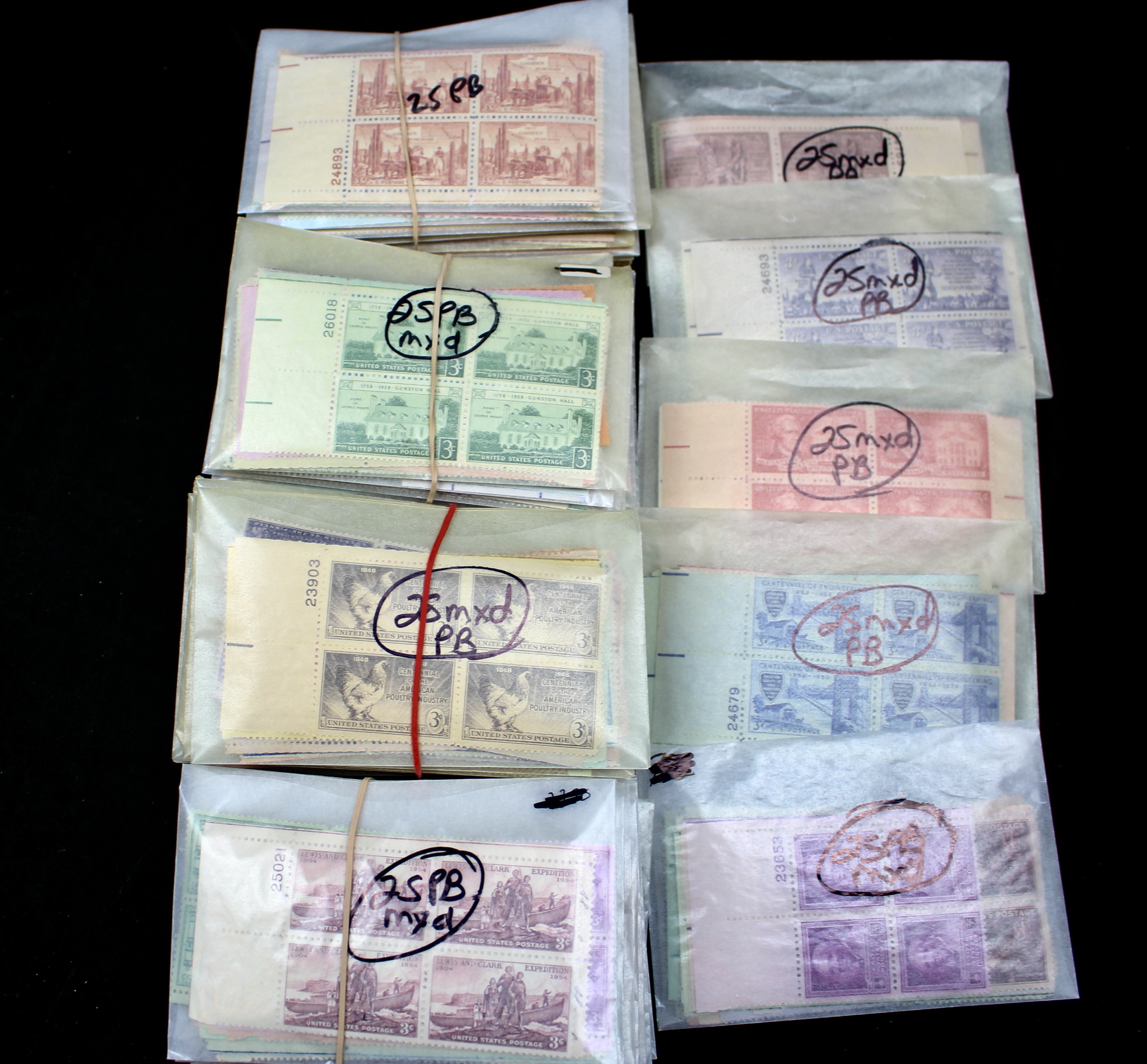 1,125 U.S. 3-Cent Postage Stamp Plate Blocks, 1940s–1950s