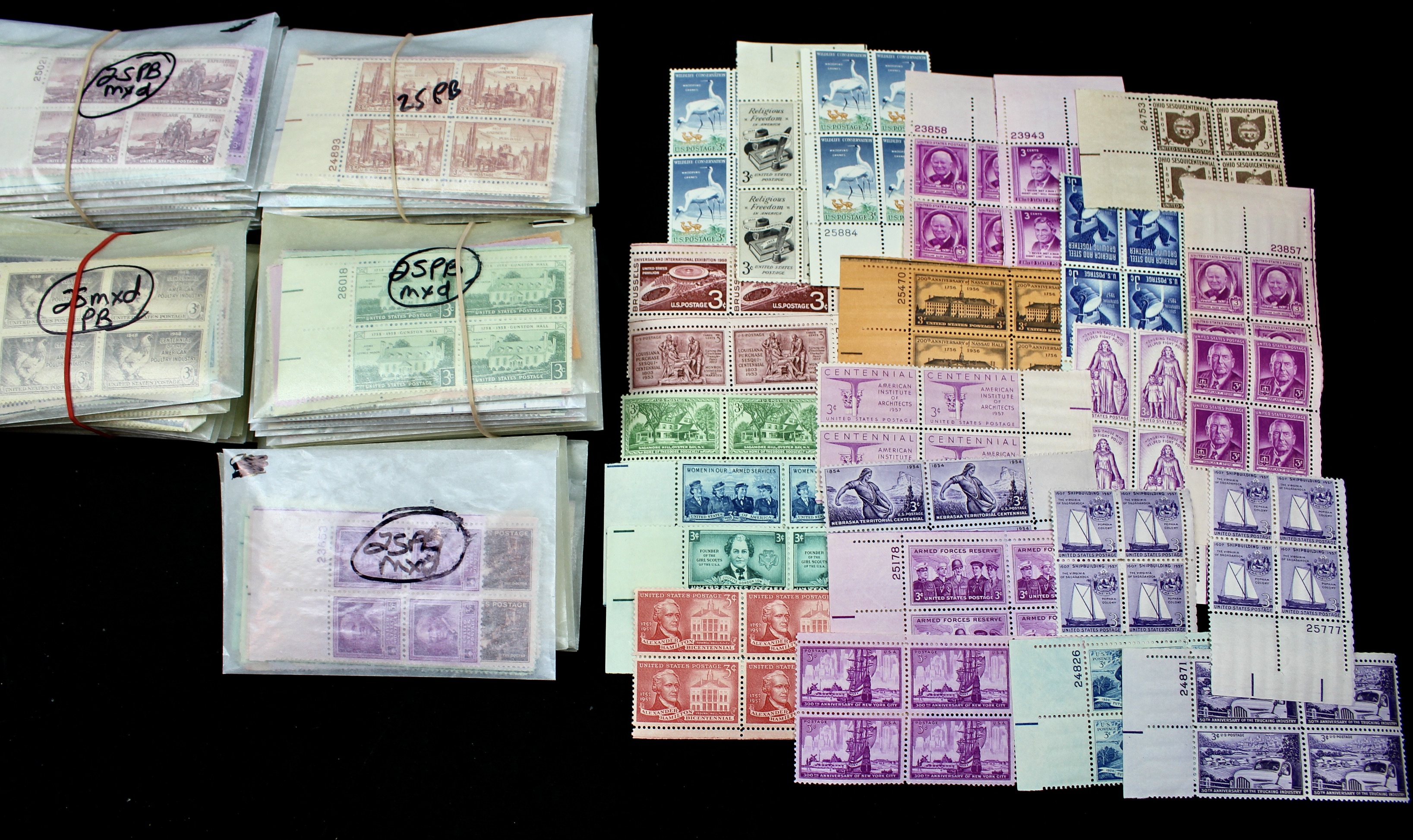 1,125 U.S. 3-Cent Postage Stamp Plate Blocks, 1940s–1950s
