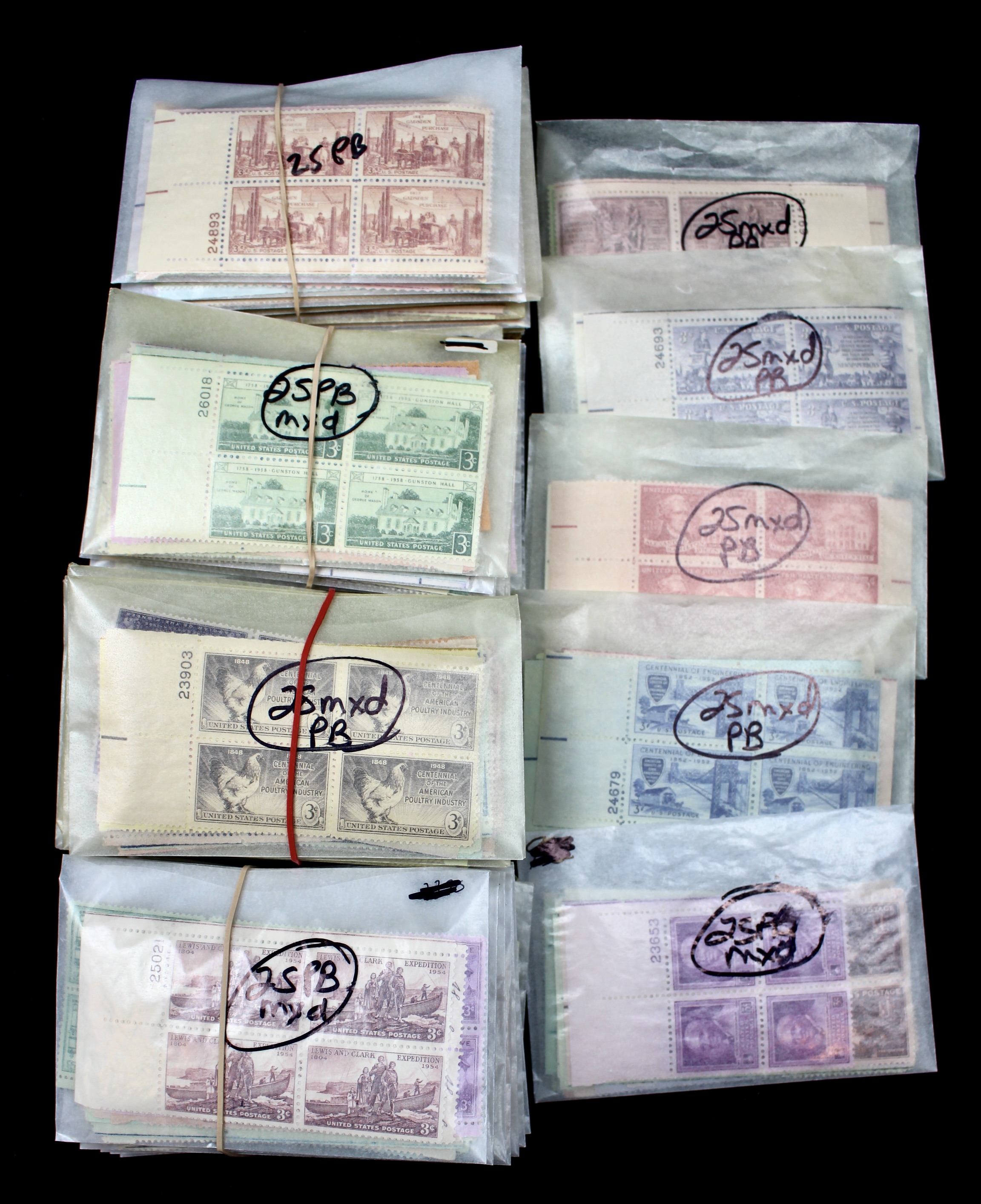 1,125 U.S. 3-Cent Postage Stamp Plate Blocks, 1940s–1950s