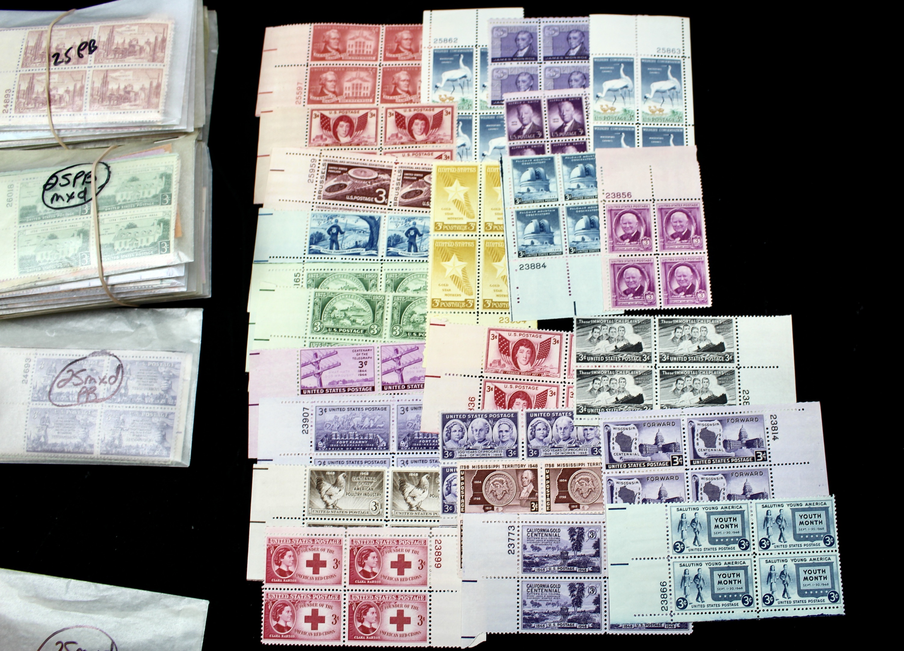 1,125 U.S. 3-Cent Postage Stamp Plate Blocks, 1940s–1950s