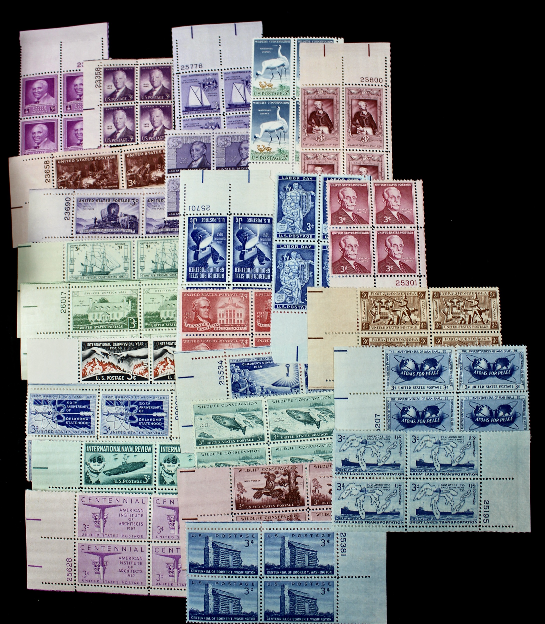 1,125 U.S. 3-Cent Postage Stamp Plate Blocks, 1940s–1950s