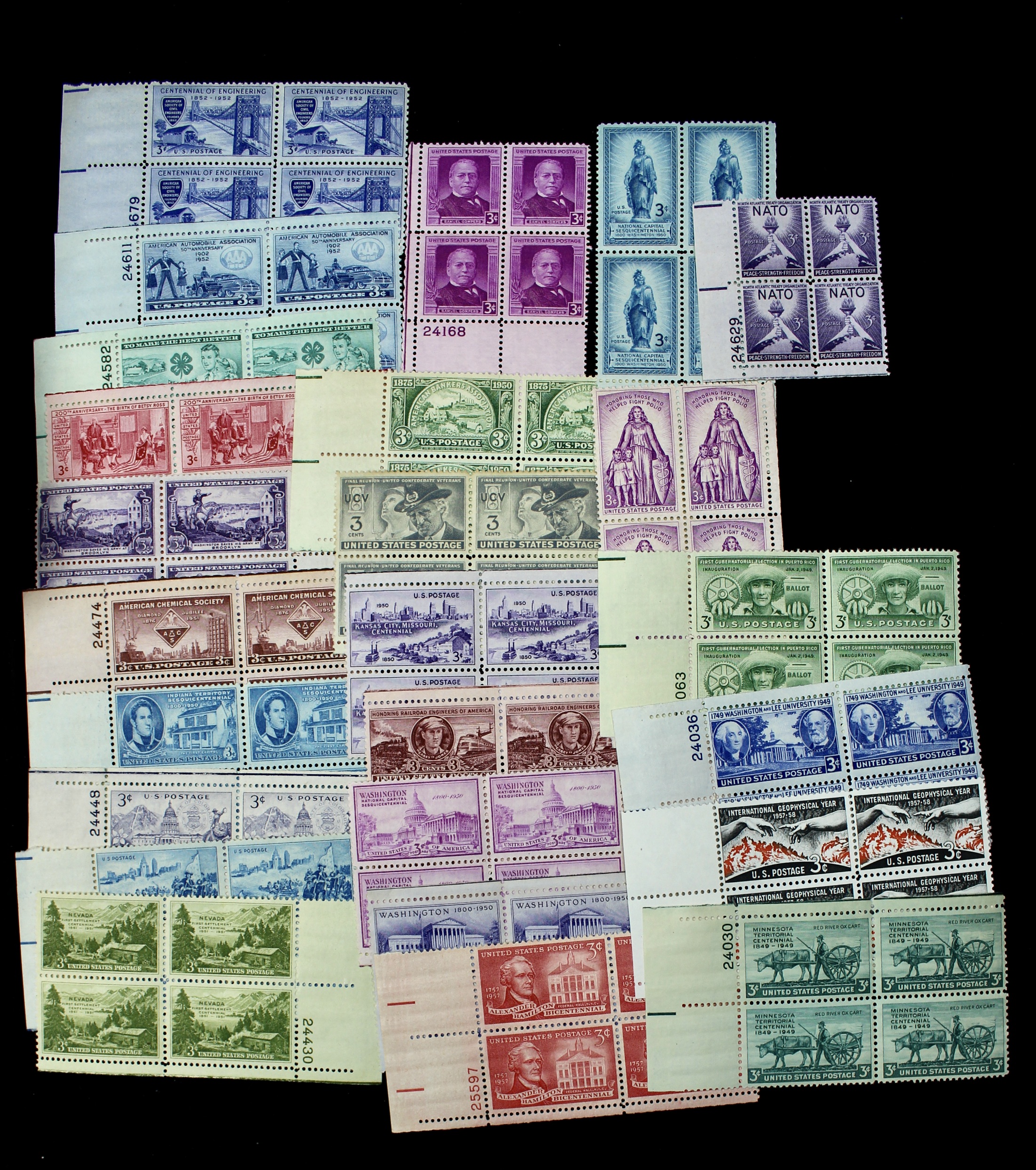 1,125 U.S. 3-Cent Postage Stamp Plate Blocks, 1940s–1950s