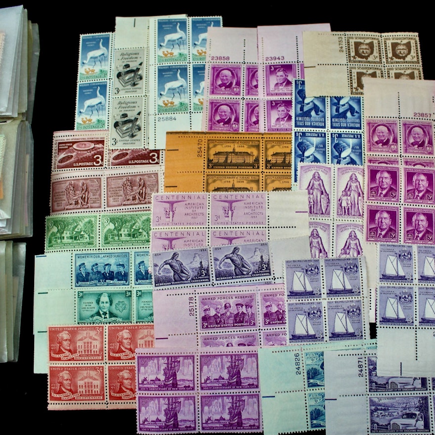 1,125 U.S. 3-Cent Postage Stamp Plate Blocks, 1940s–1950s