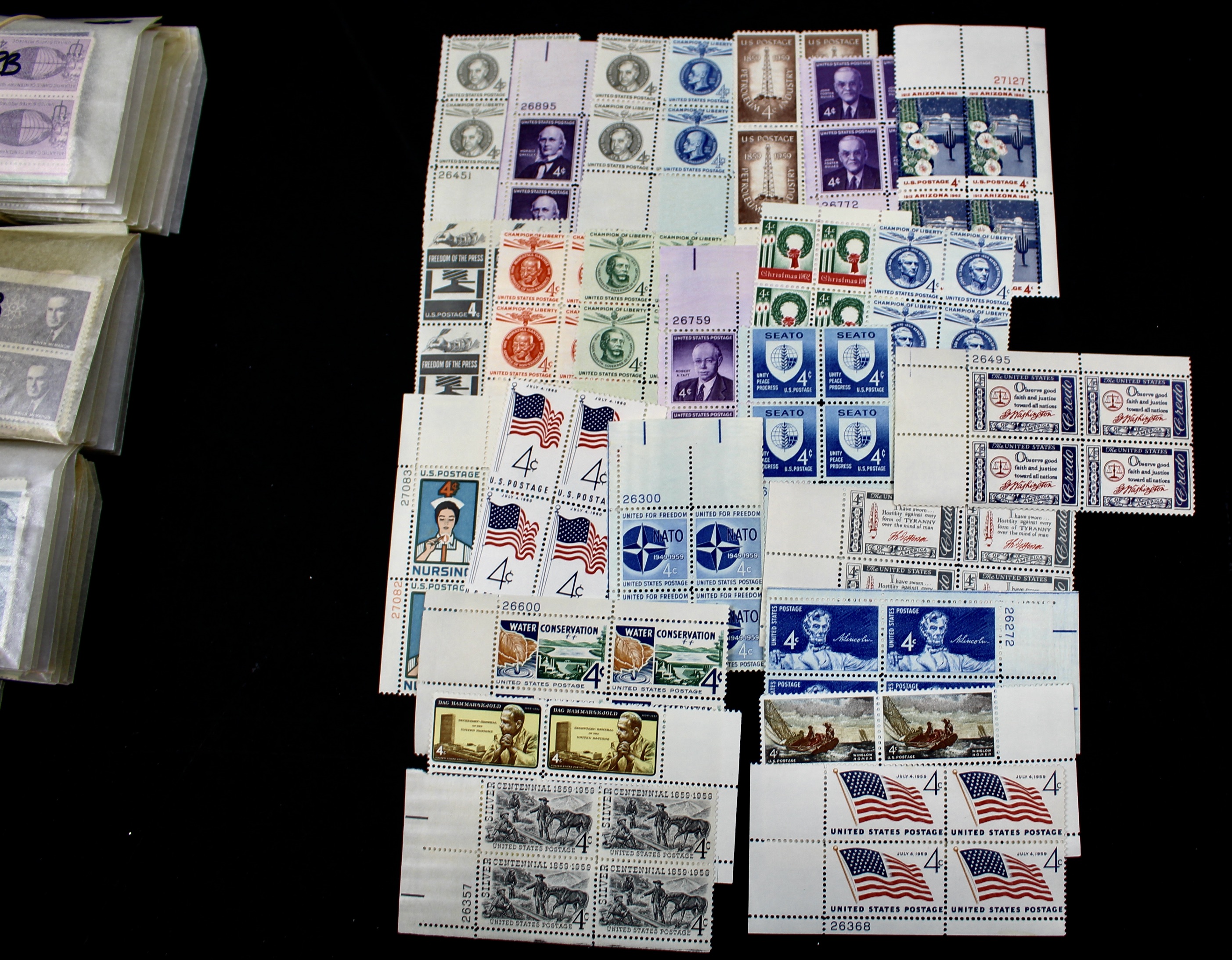 1075 U.S. 4-Cent Postage Stamp Plate Blocks, 1950s to 1960s