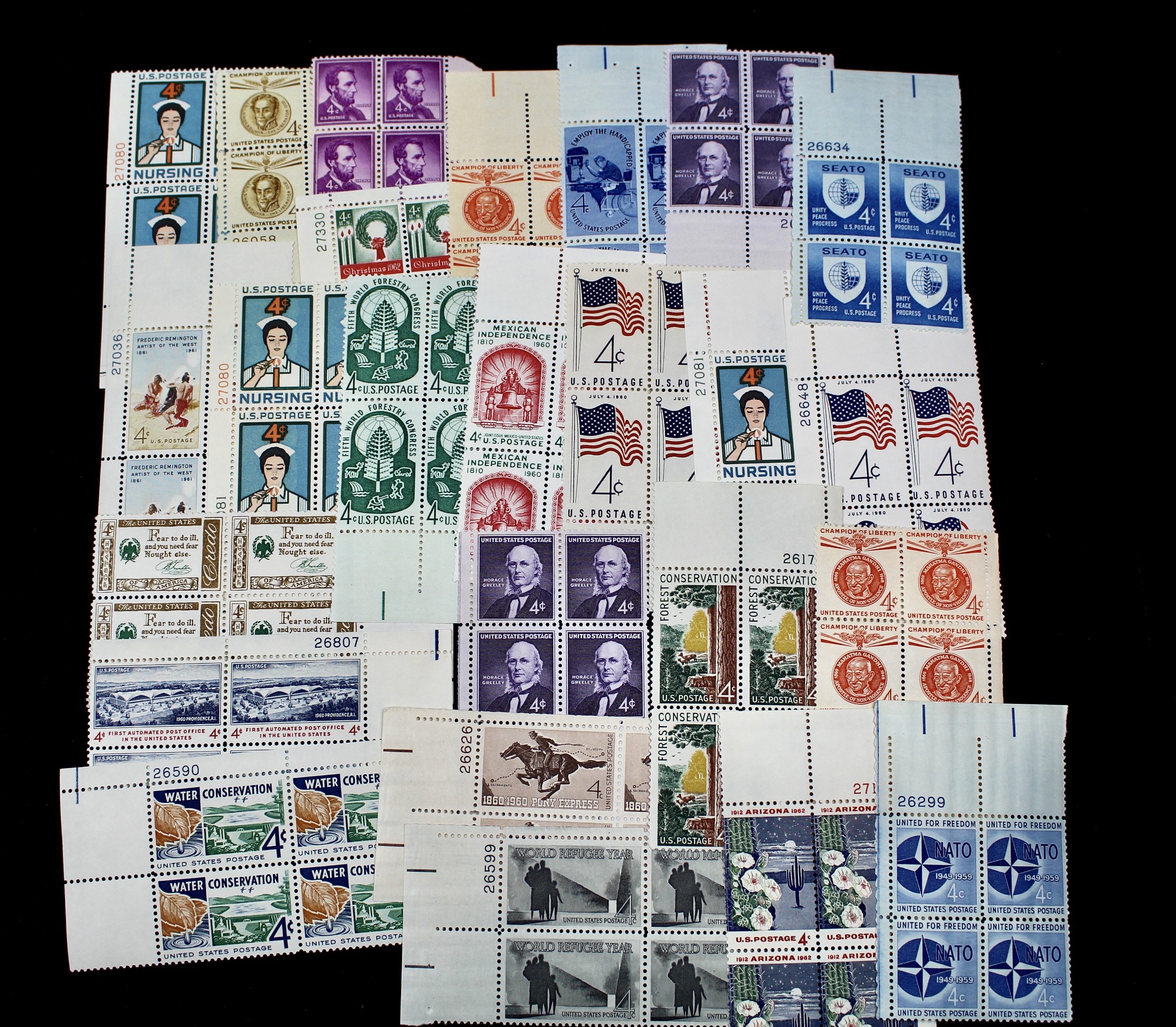1075 U.S. 4-Cent Postage Stamp Plate Blocks, 1950s to 1960s