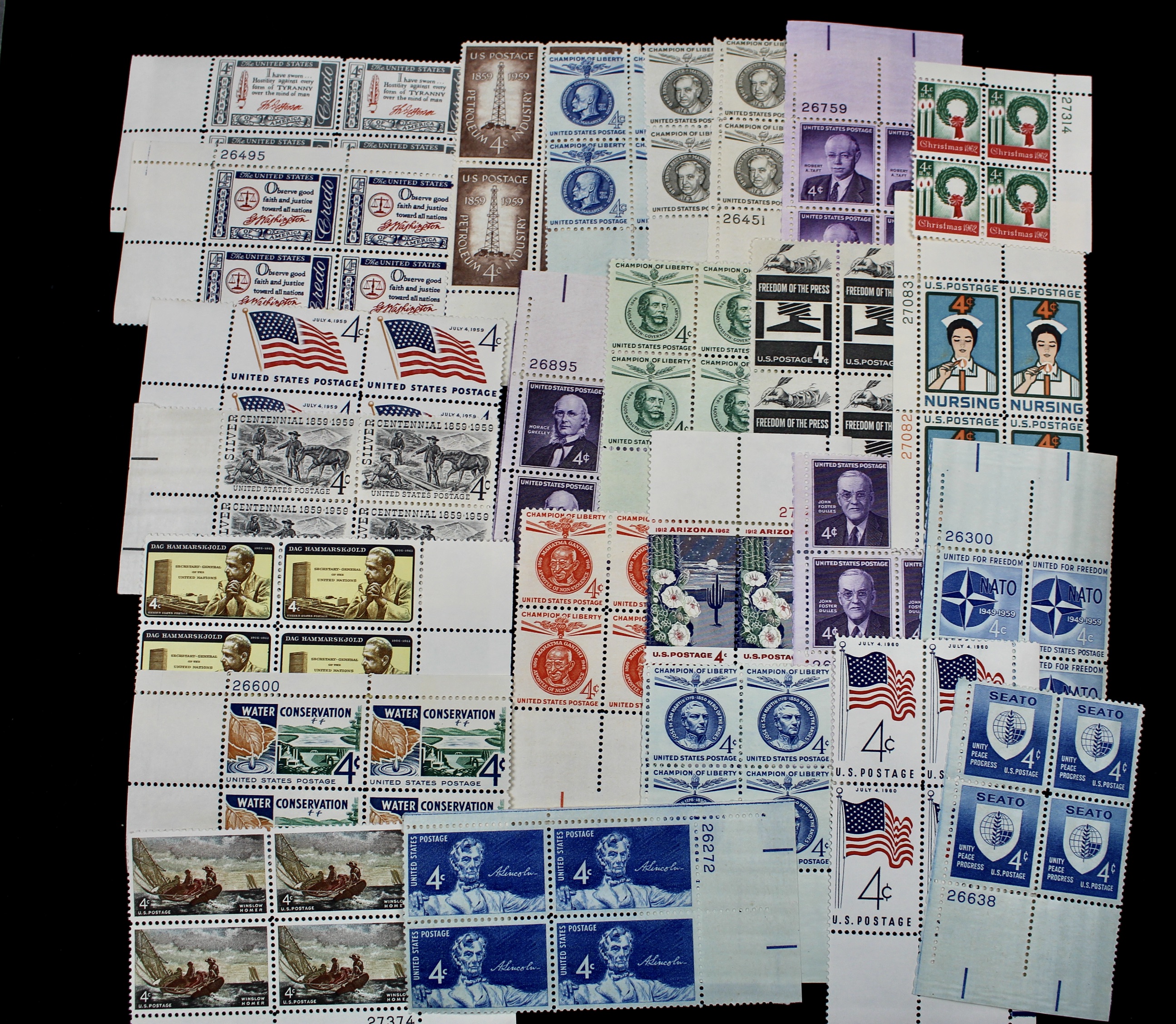 1075 U.S. 4-Cent Postage Stamp Plate Blocks, 1950s to 1960s