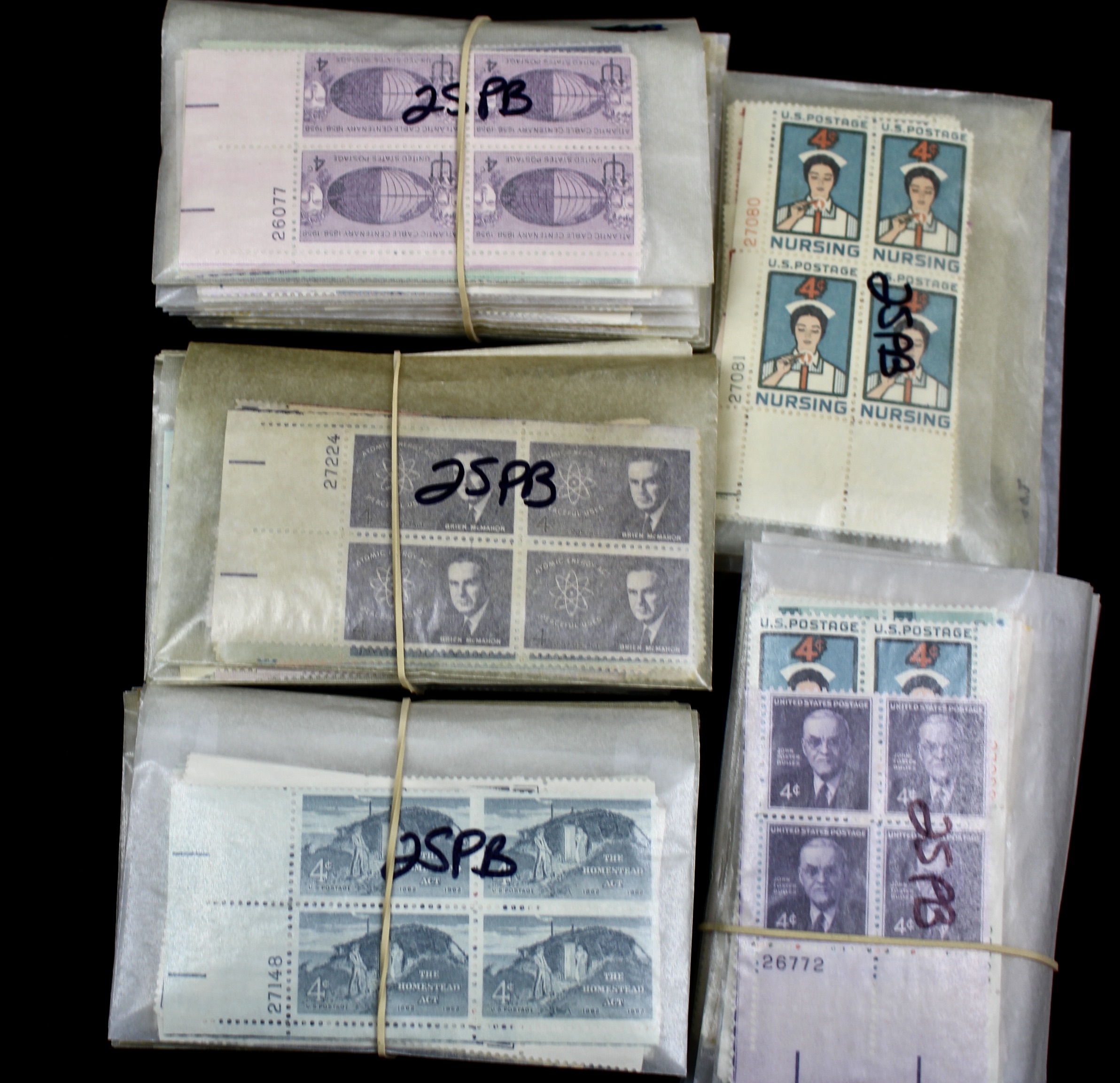 1075 U.S. 4-Cent Postage Stamp Plate Blocks, 1950s to 1960s