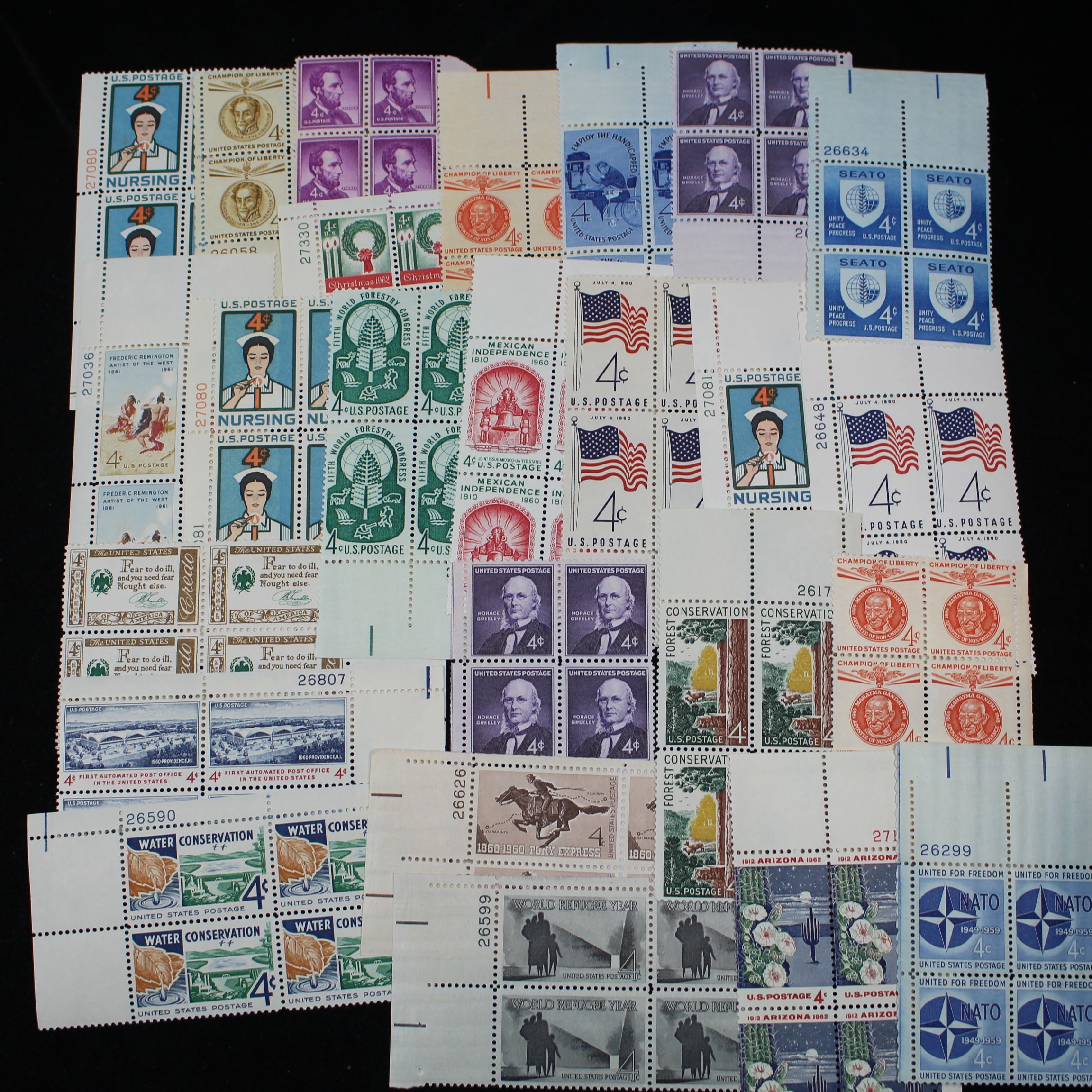 1075 U.S. 4-Cent Postage Stamp Plate Blocks, 1950s to 1960s