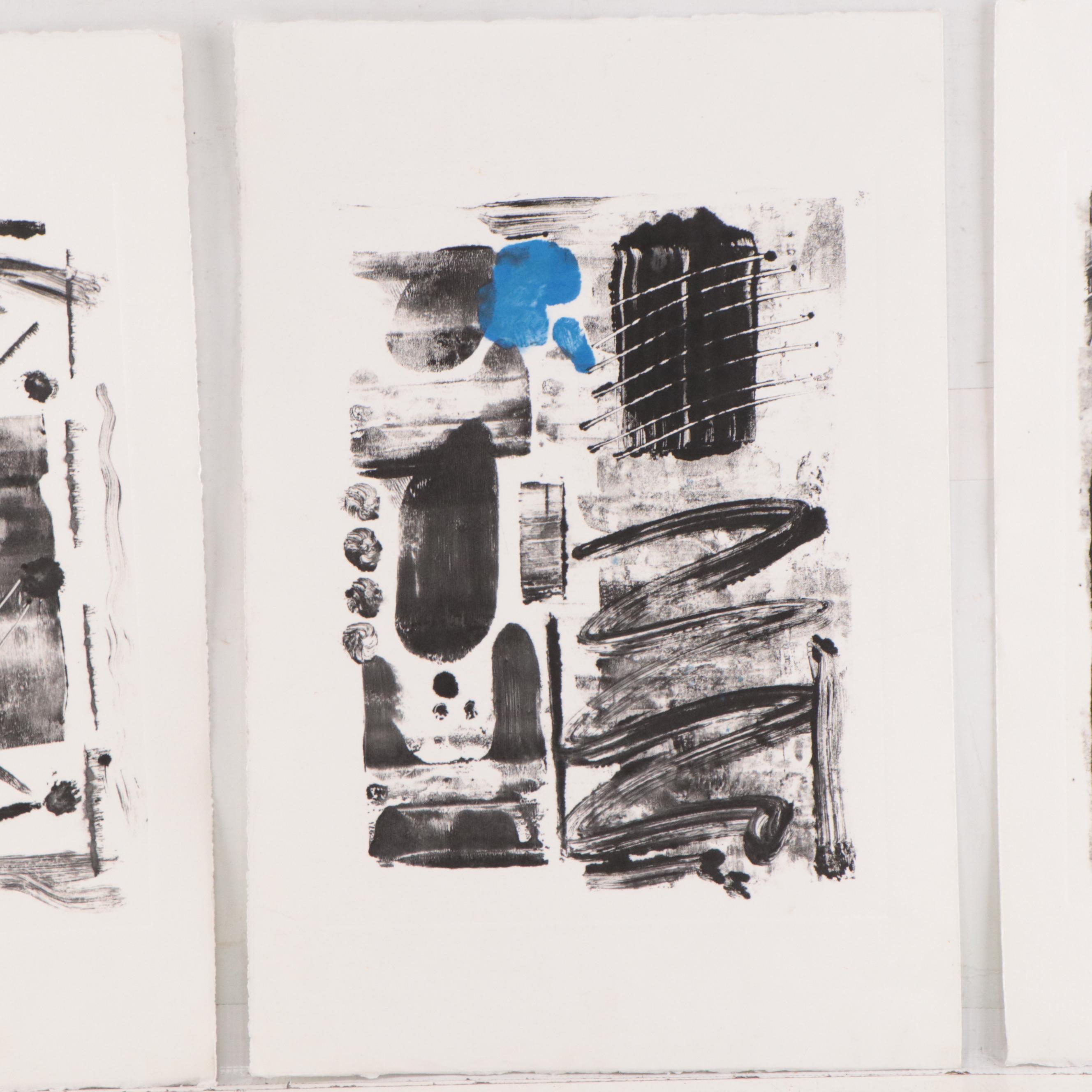 Jane Carney Abstract Non-Objective Monoprint Triptych, Late 20th Century