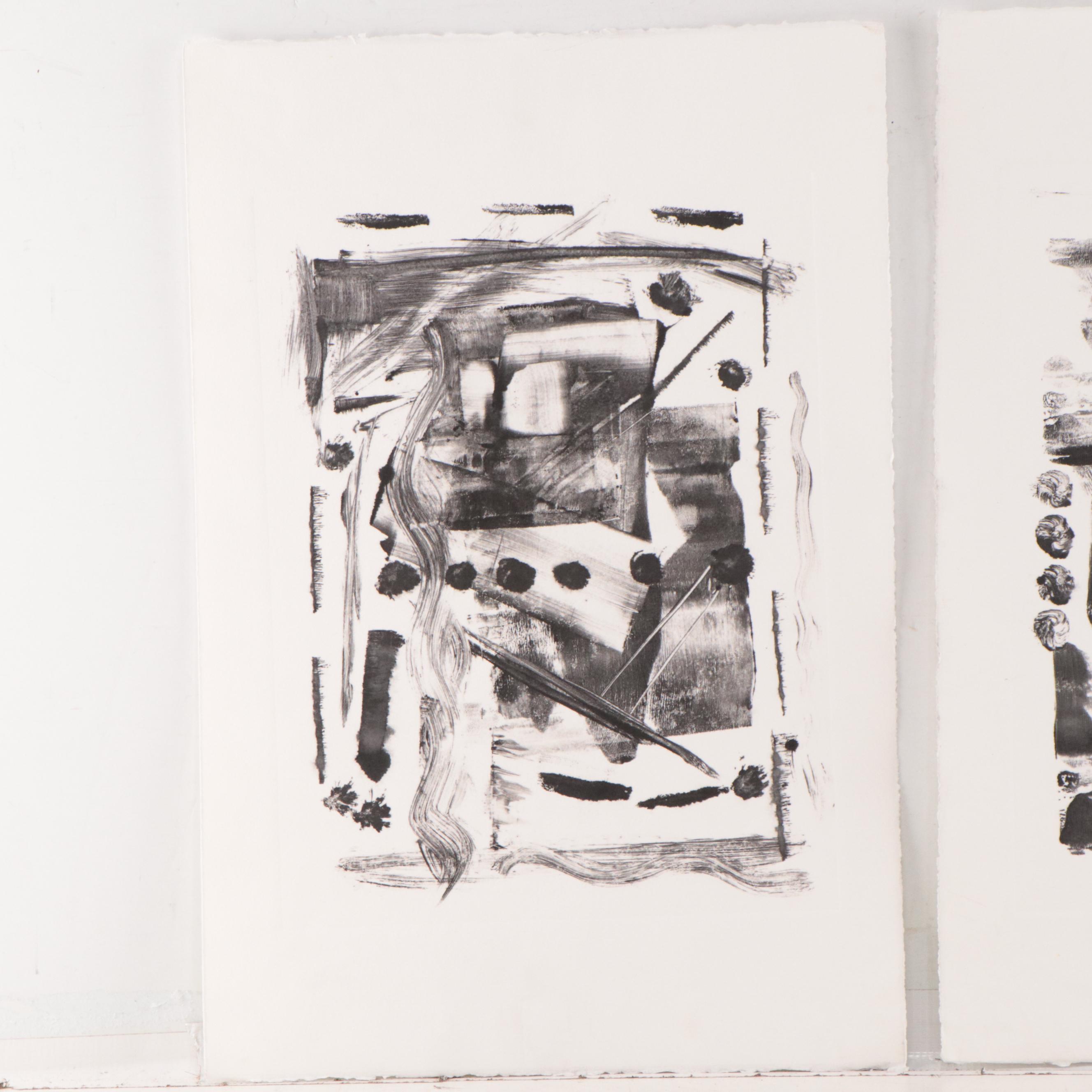 Jane Carney Abstract Non-Objective Monoprint Triptych, Late 20th Century